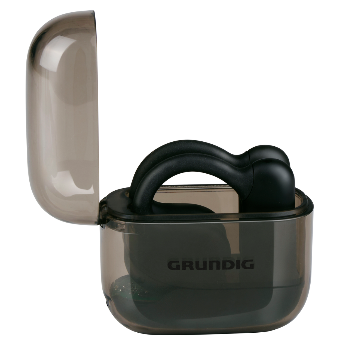 Zwarte Grundig oordopjesetui, open. Binnenin zwarte oordopjes. Het Grundig logo is zichtbaar.