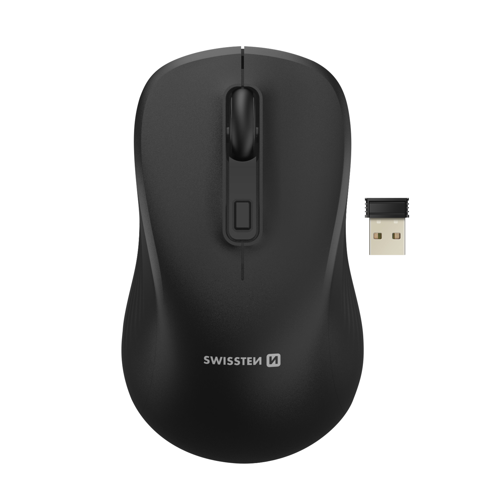 Eine schwarze kabellose Maus. Sie hat ein Scrollrad, zwei Tasten und einen USB-Empfänger.