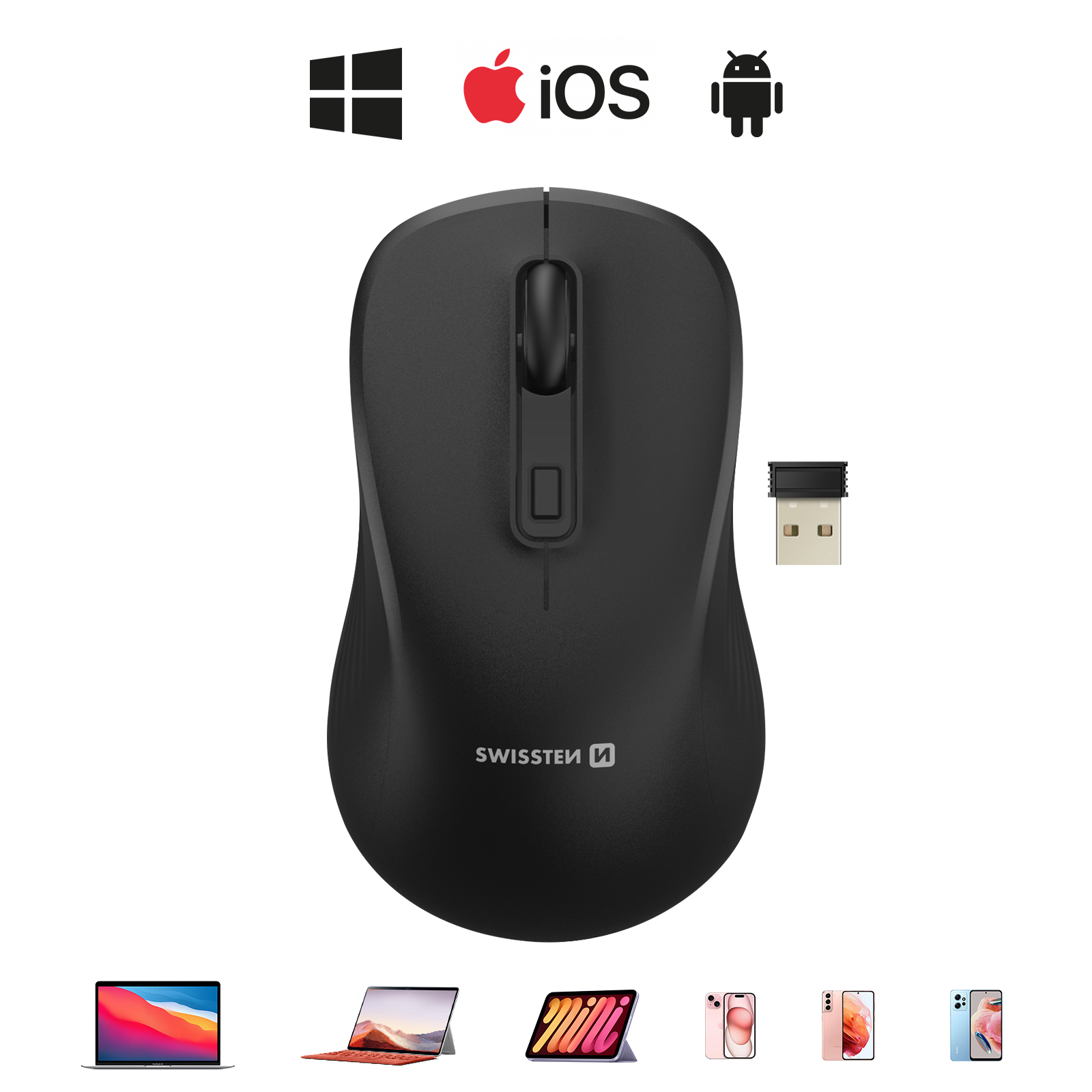 Schwarze kabellose Maus, Draufsicht, mit Windows-, iOS- und Android-Symbolen, auch USB-Dongle.