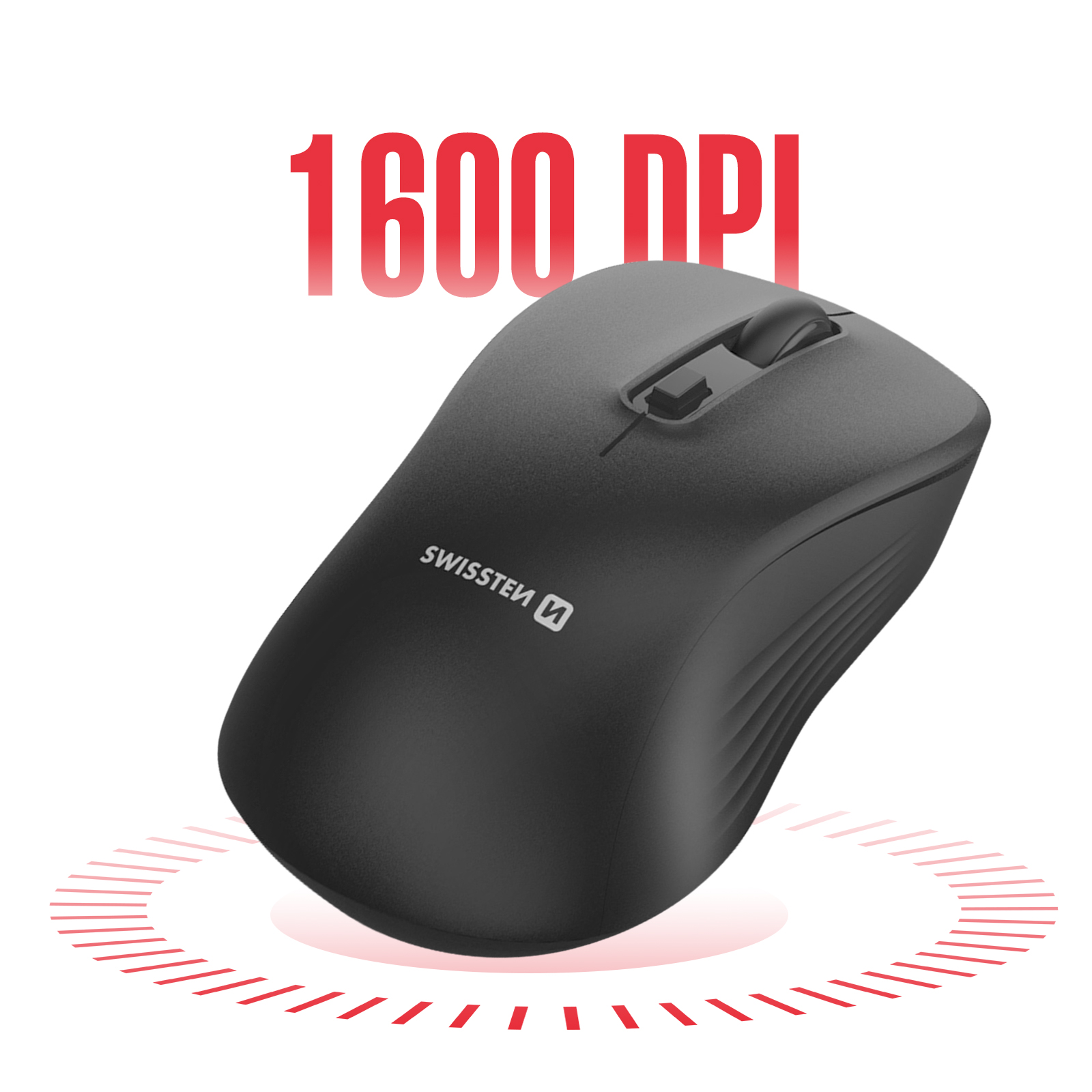 Schwarze kabellose Maus auf Weiß, mit 1600 DPI Text und einem roten Kreis.