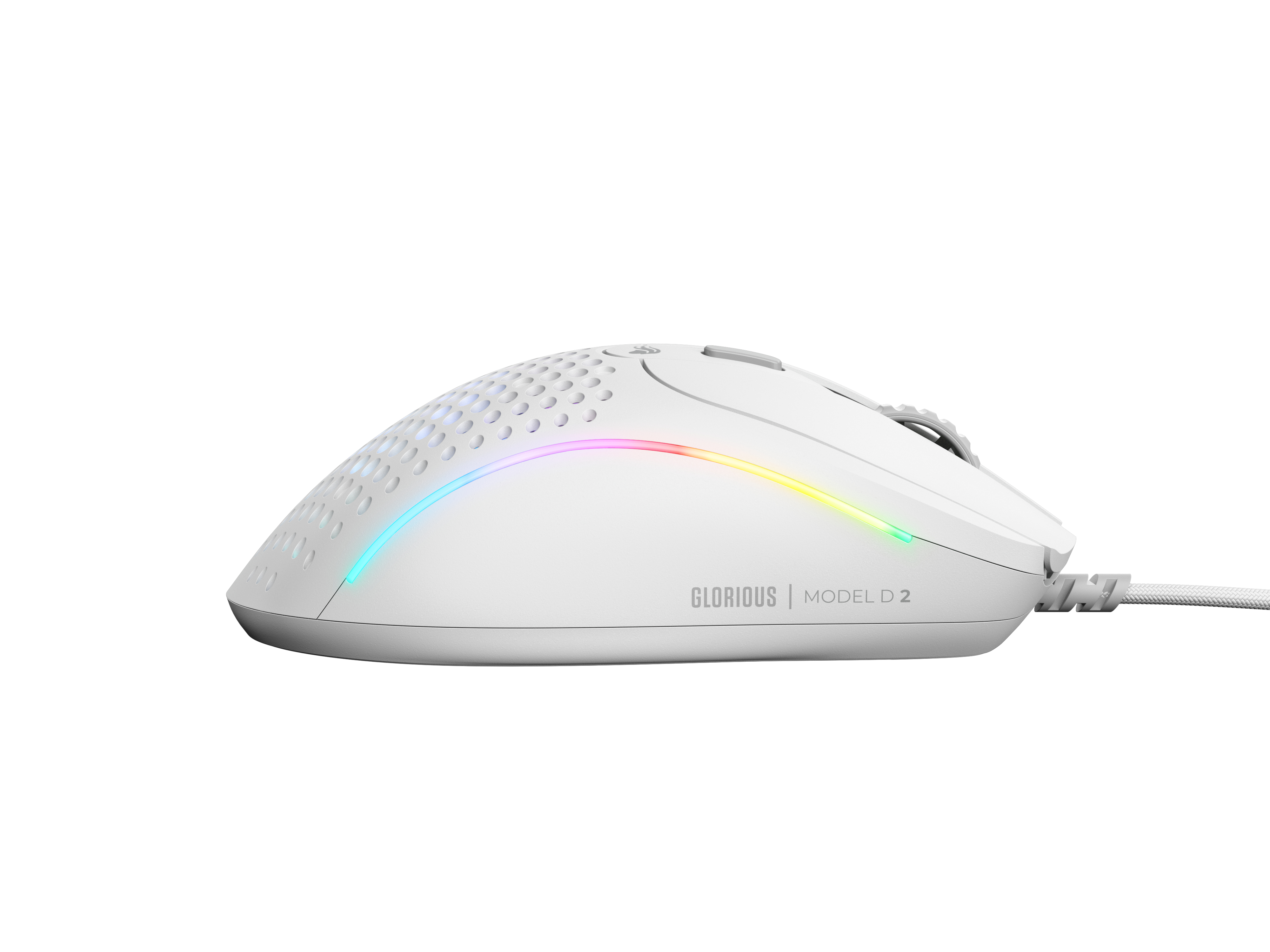 Un mouse da gioco bianco con luci colorate su sfondo bianco è mostrato.