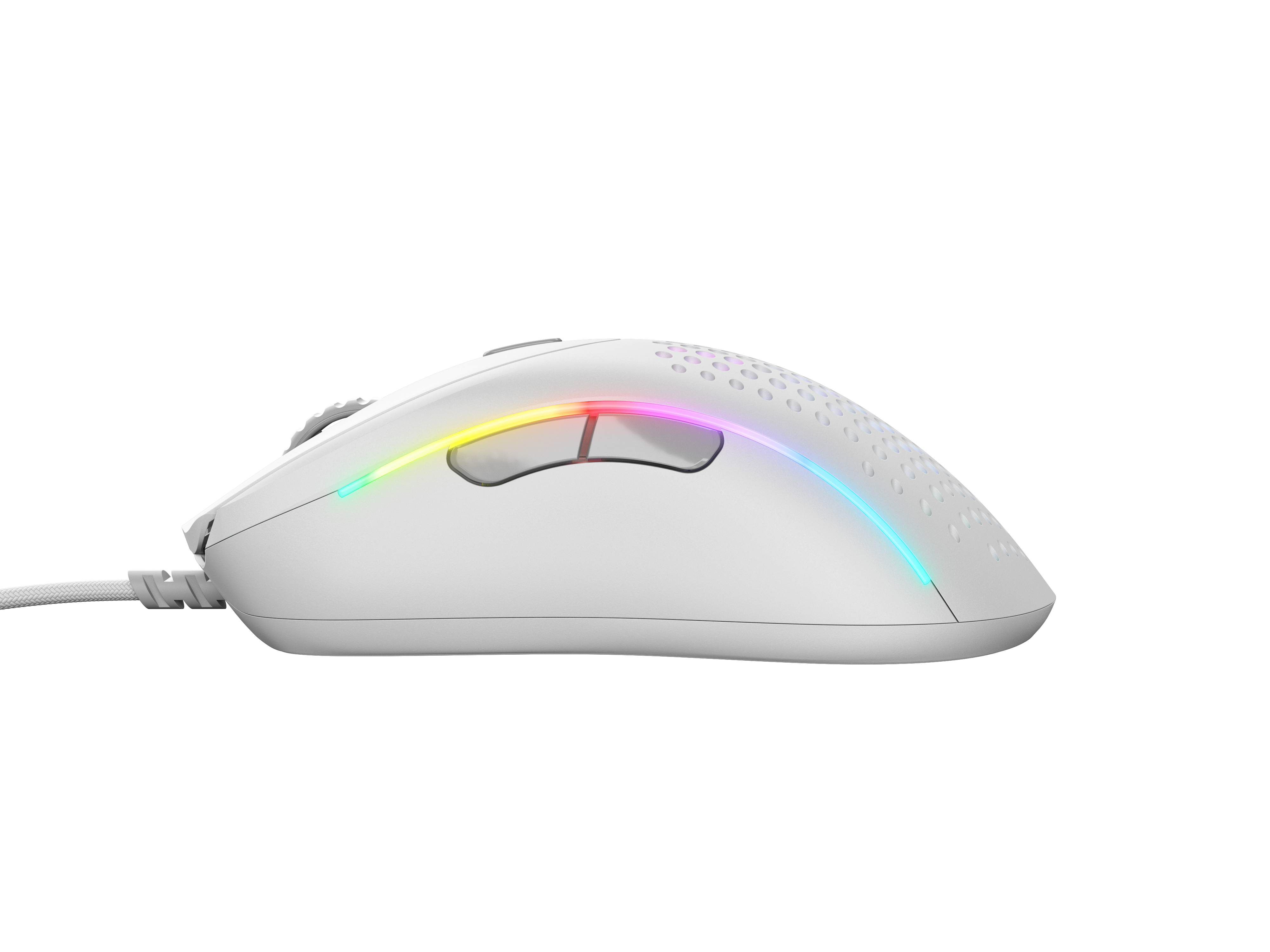 Un mouse da gioco bianco con cavo e luci colorate. Ha due pulsanti e una rotella di scorrimento.