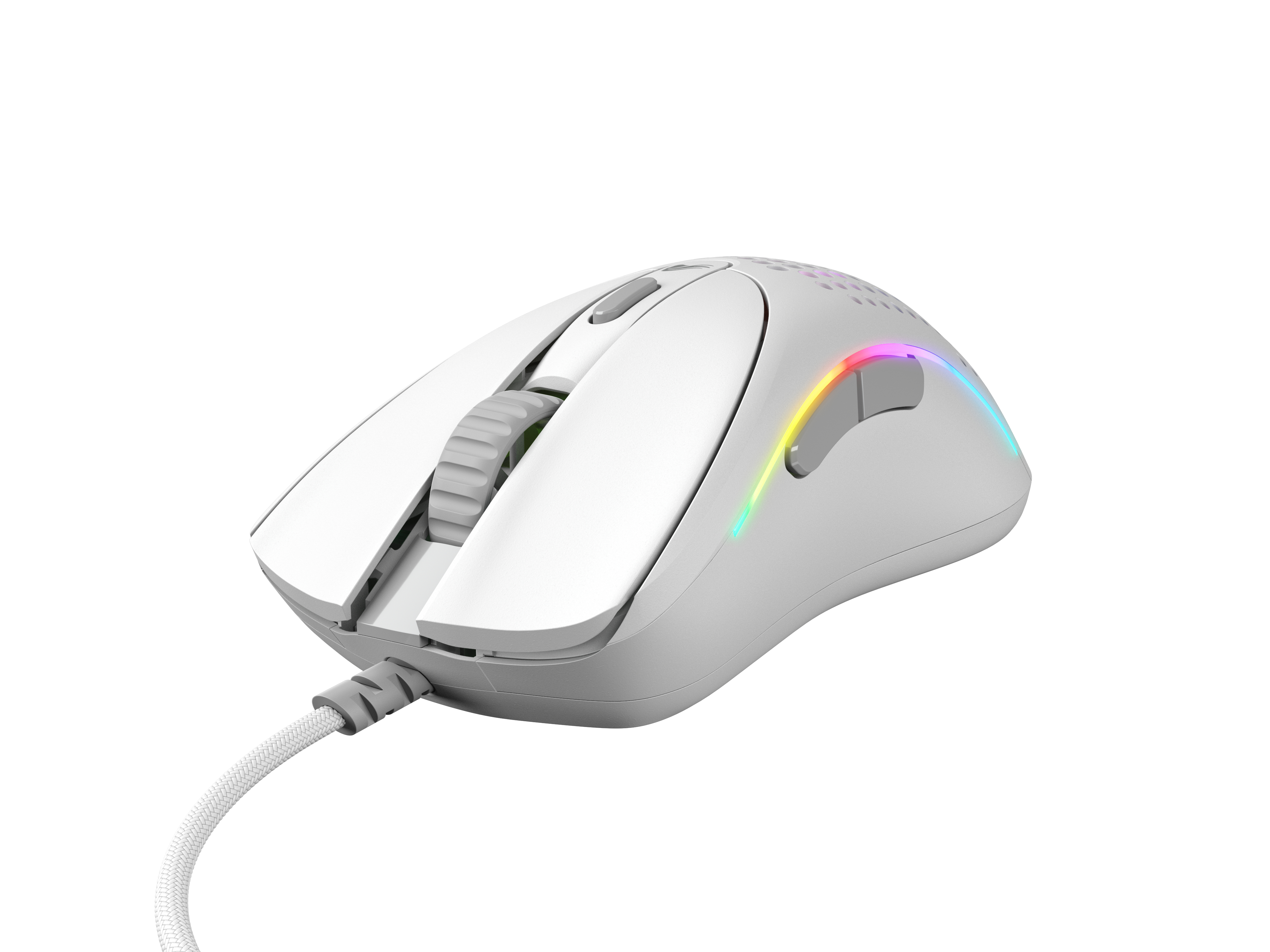 Un mouse da gioco bianco con luci colorate su sfondo bianco è mostrato.