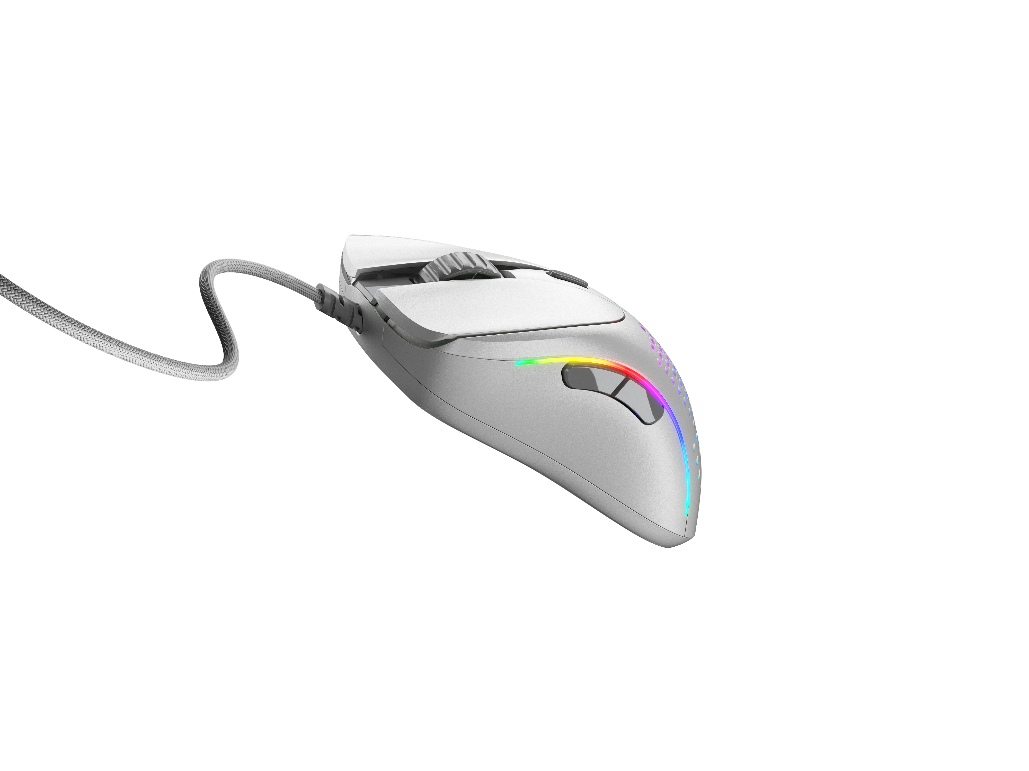 Un mouse da gioco bianco con una striscia luminosa colorata, collegato a un cavo. Il mouse è su uno sfondo bianco.