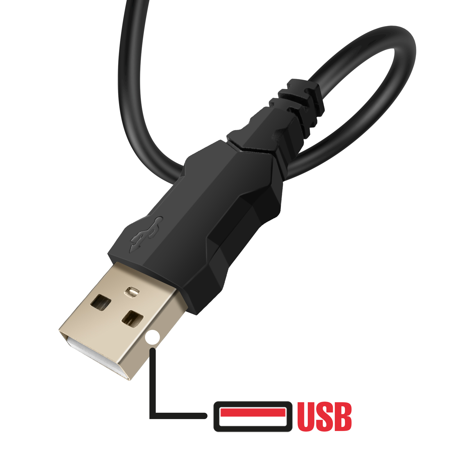 Schwarzes USB-Kabel mit USB-Anschluss mit goldfarbenem Ende wird angezeigt.