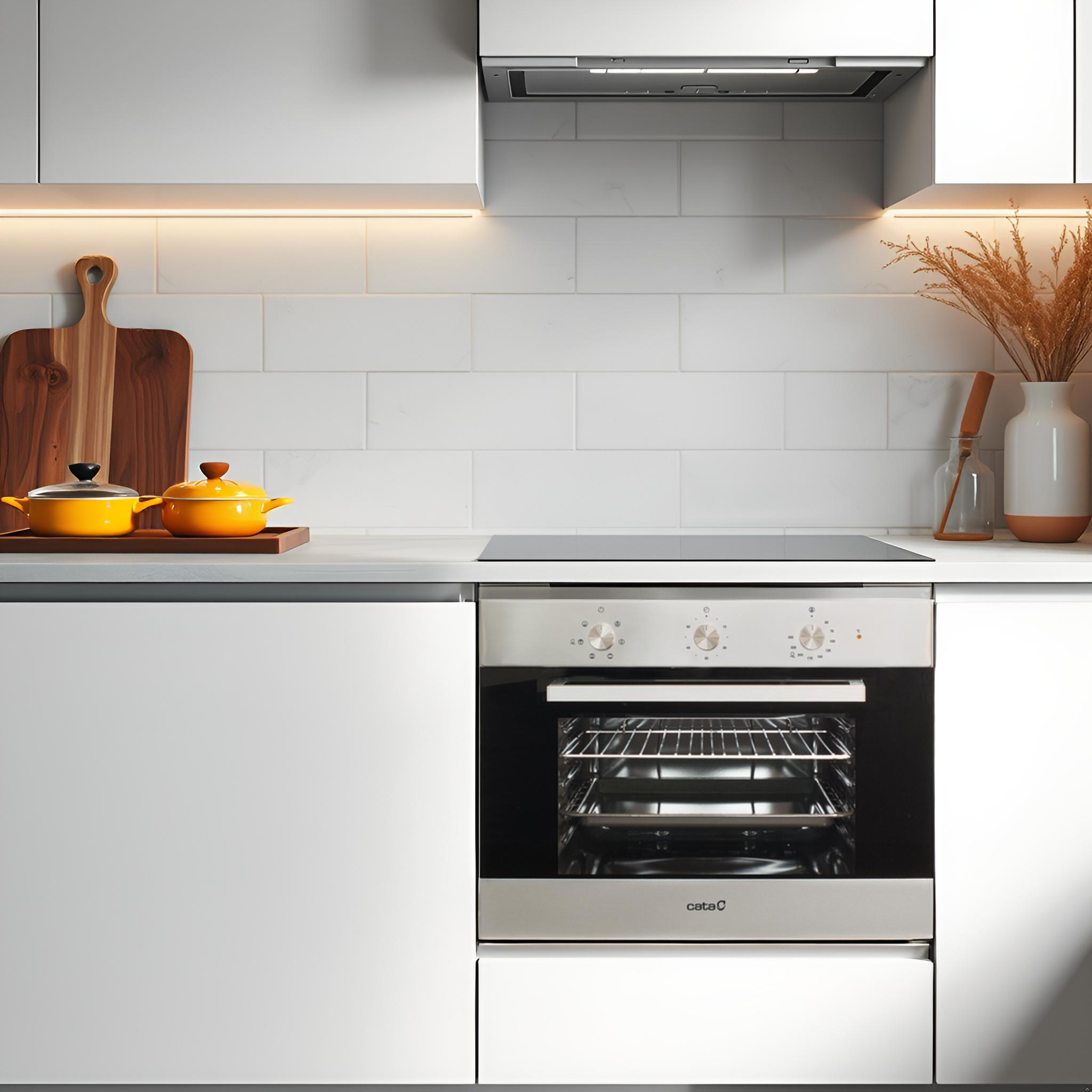 Cucina moderna con mobili bianchi, forno a incasso e piano cottura. Pentole gialle e tagliere visibili.