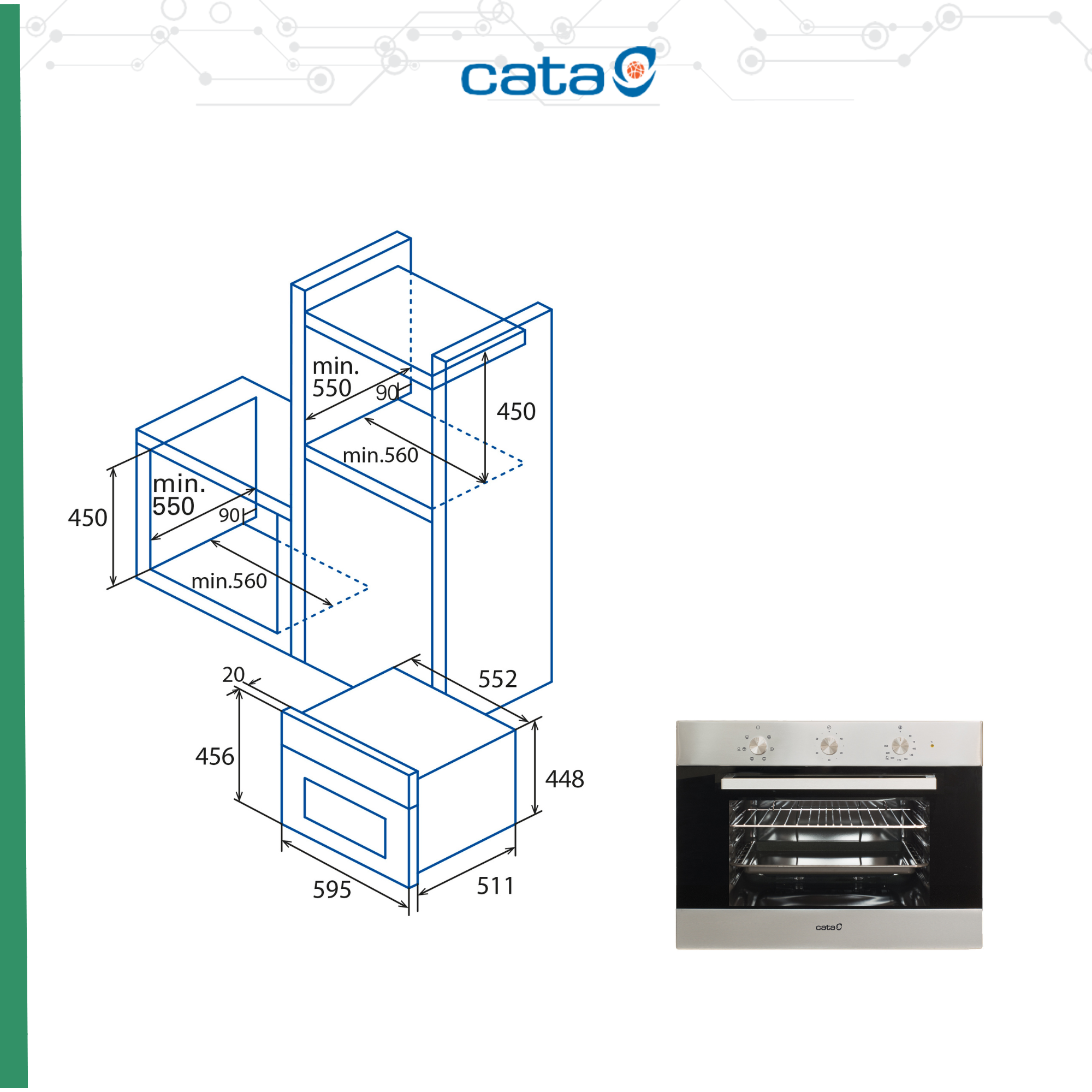 Schema di un forno a incasso. Dimensioni e misure sono indicate per l'installazione.