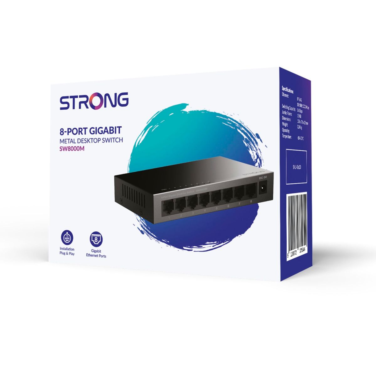 Pudełko przełącznika Gigabit Ethernet 8-portowego Strong. Pokazuje przełącznik i specyfikacje techniczne.