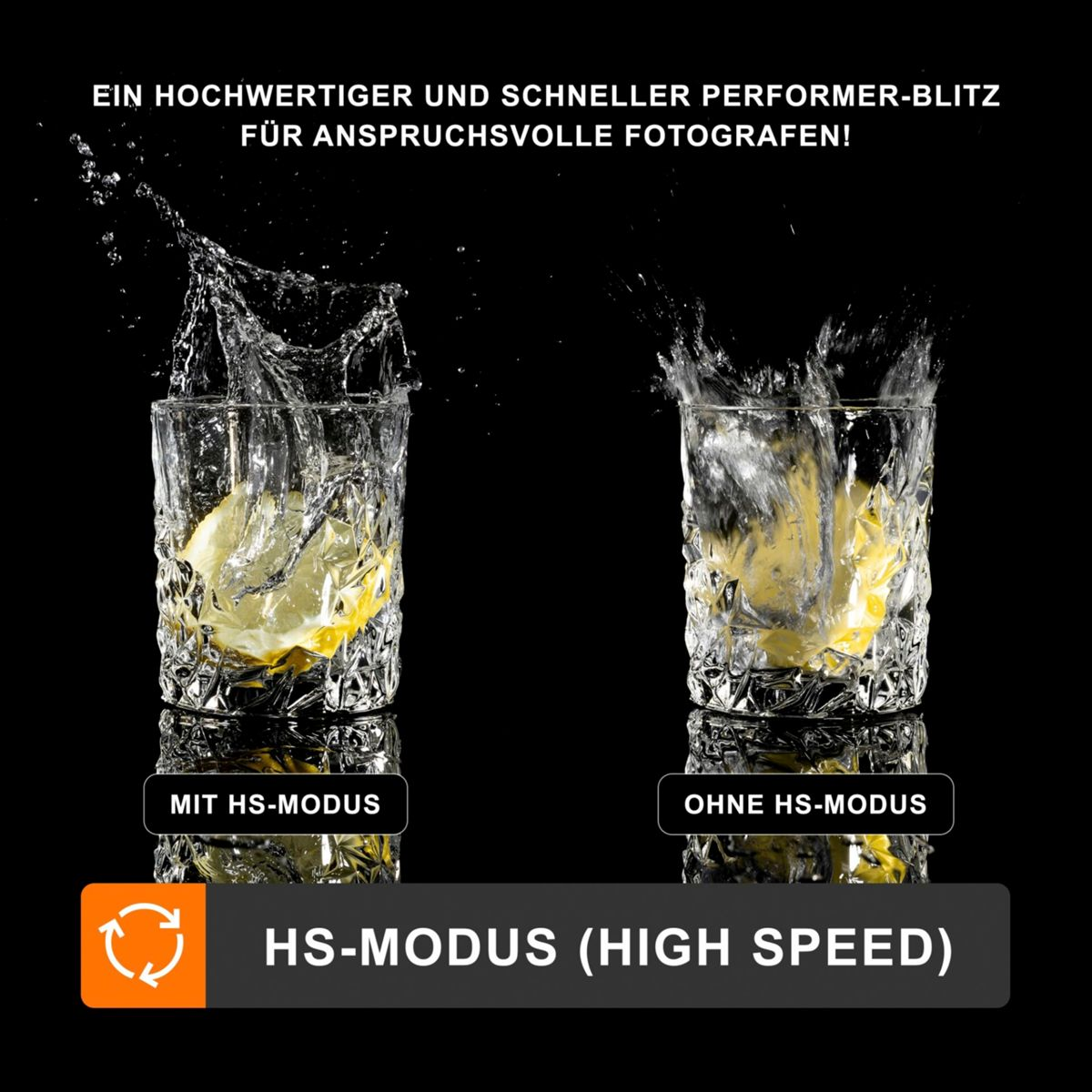 Zwei Wassergläser, je mit einer Zitronenscheibe, eines mit und ohne HS-Modus, schwarzer Hintergrund.
