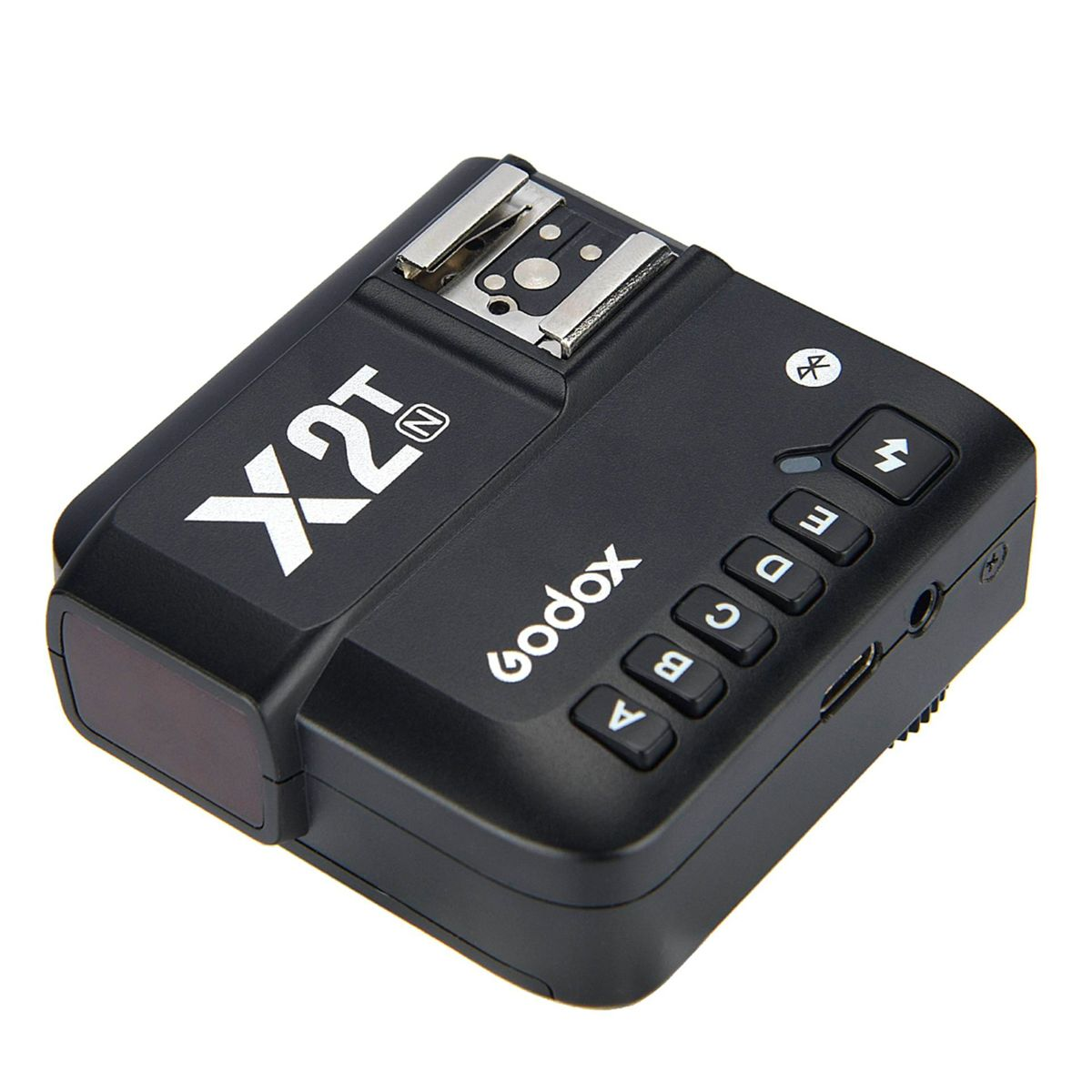 Dispositivo negro con botones y una pantalla. Tiene un logotipo de Godox y un símbolo de bluetooth.