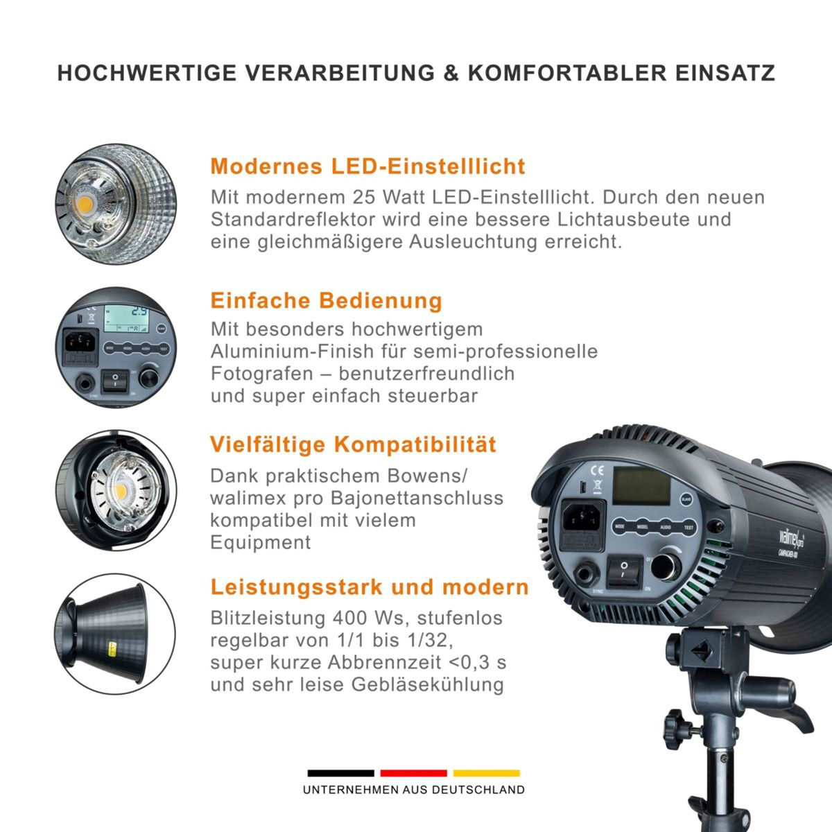 Produktwerbung, die ein Studiolicht mit Details zu seinen Funktionen zeigt, einschließlich LED, Kompatibilität und Leistung.
