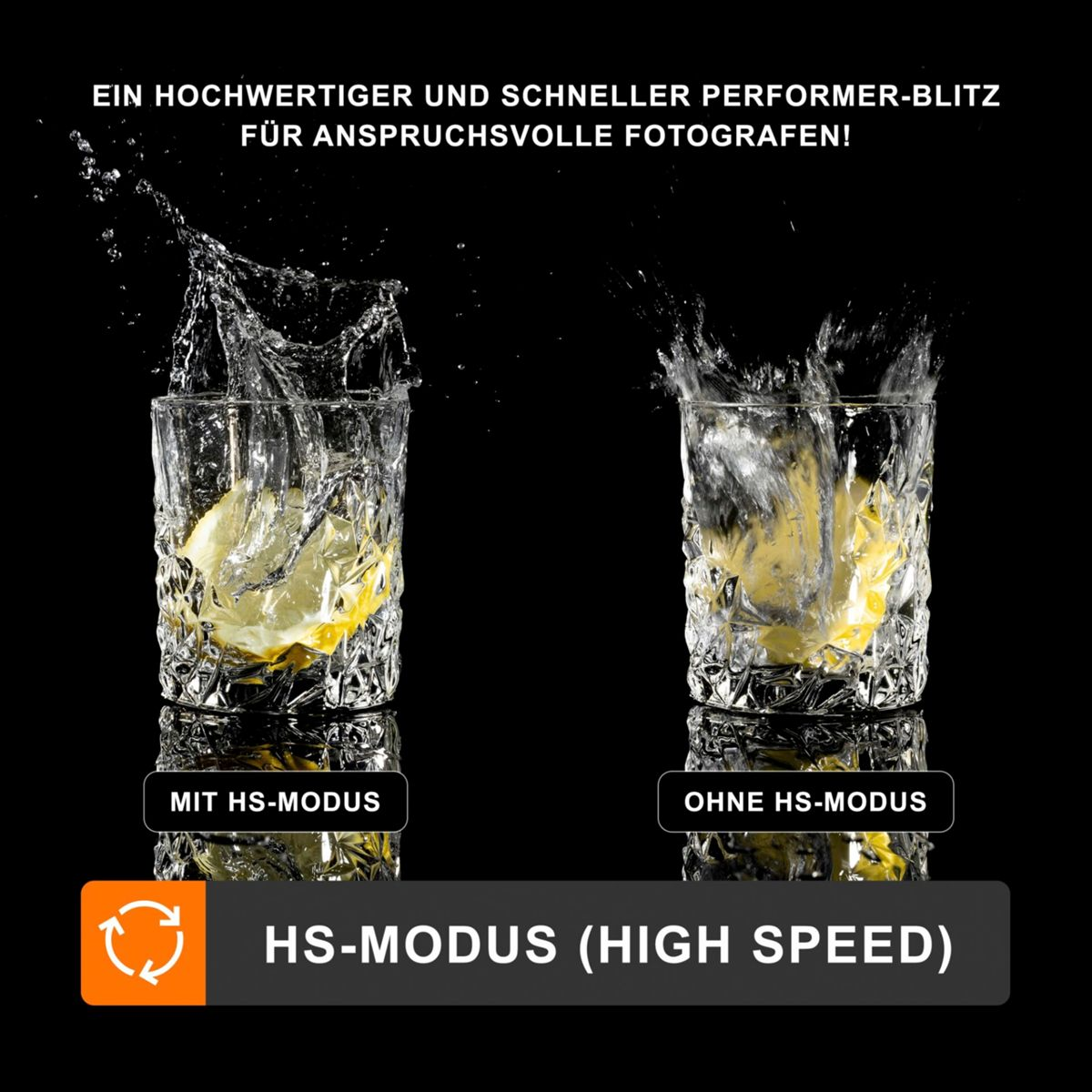 Zwei Wassergläser, je mit einer Zitronenscheibe, eines mit und eines ohne HS-Modus, mit schwarzem Hintergrund.