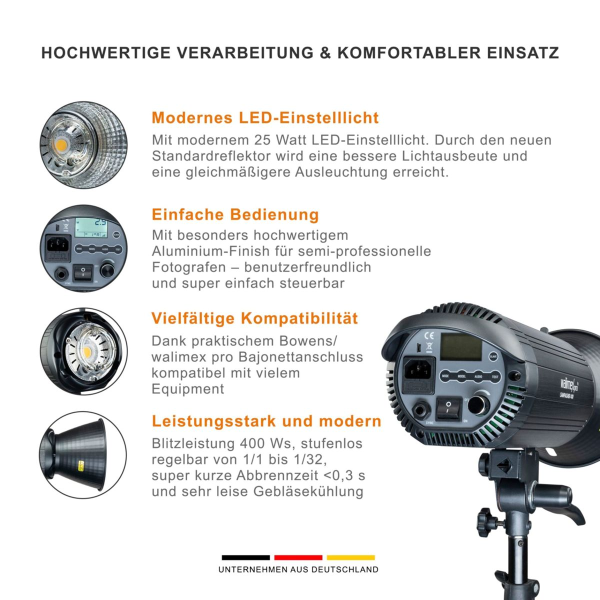 Produktwerbung, die ein Studiolicht mit Details zu seinen Funktionen zeigt, einschließlich LED, Kompatibilität und Leistung.