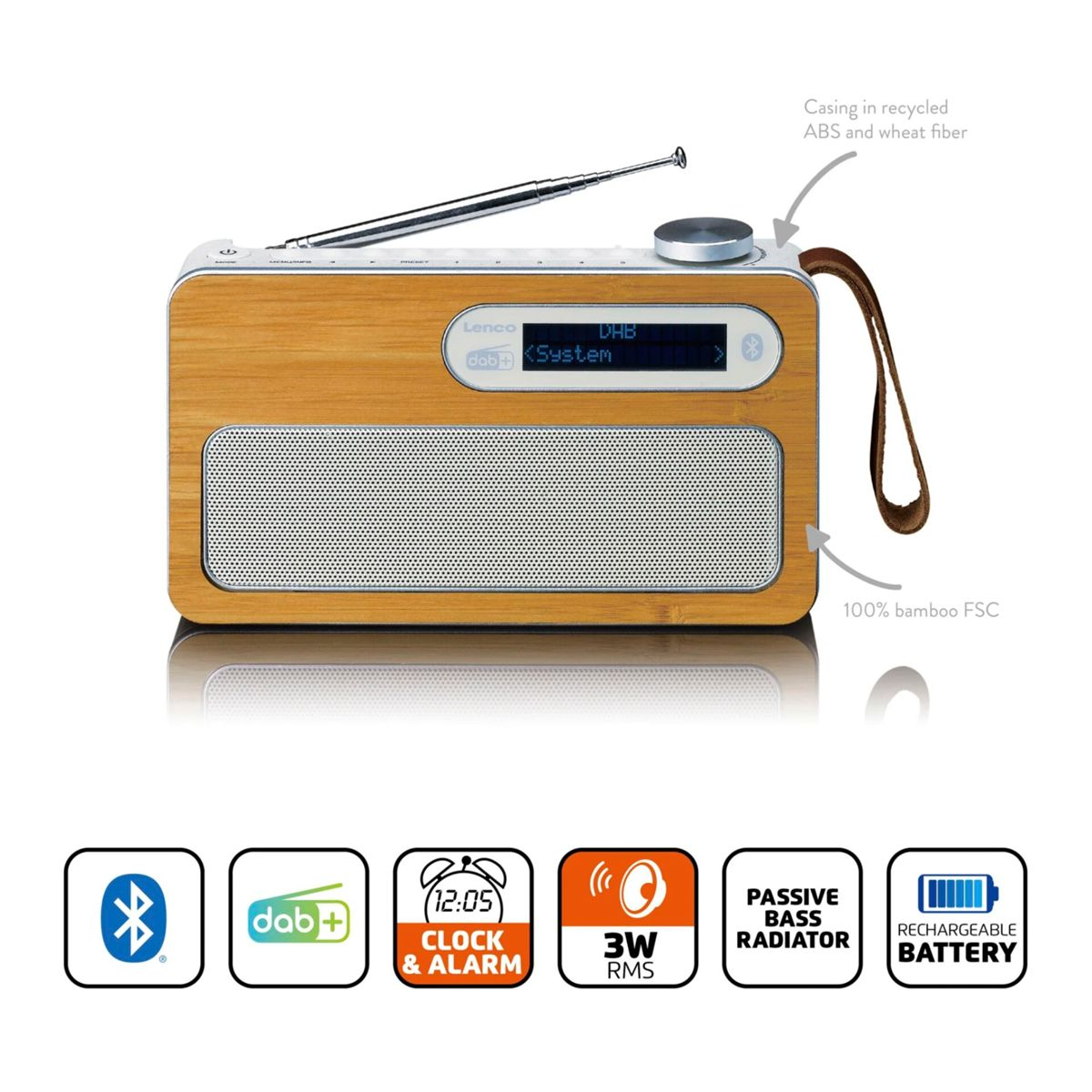 Radio in legno con Bluetooth, DAB+, orologio, sveglia e batteria ricaricabile, con icone sottostanti.