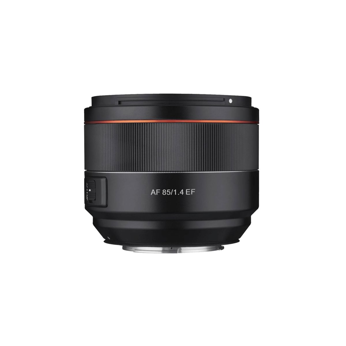 Ein schwarzes Kameraobjektiv mit rotem Ring und dem Text AF 85mm 1.4 EF.
