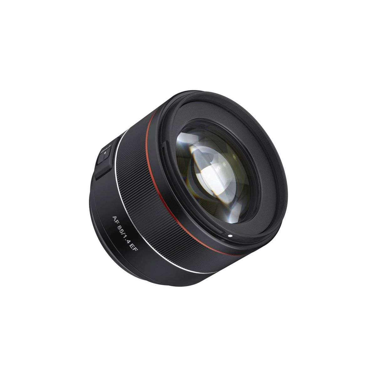 Ein schwarzes Kameraobjektiv mit rotem Ring und dem Text AF 85mm 1.4 EF.
