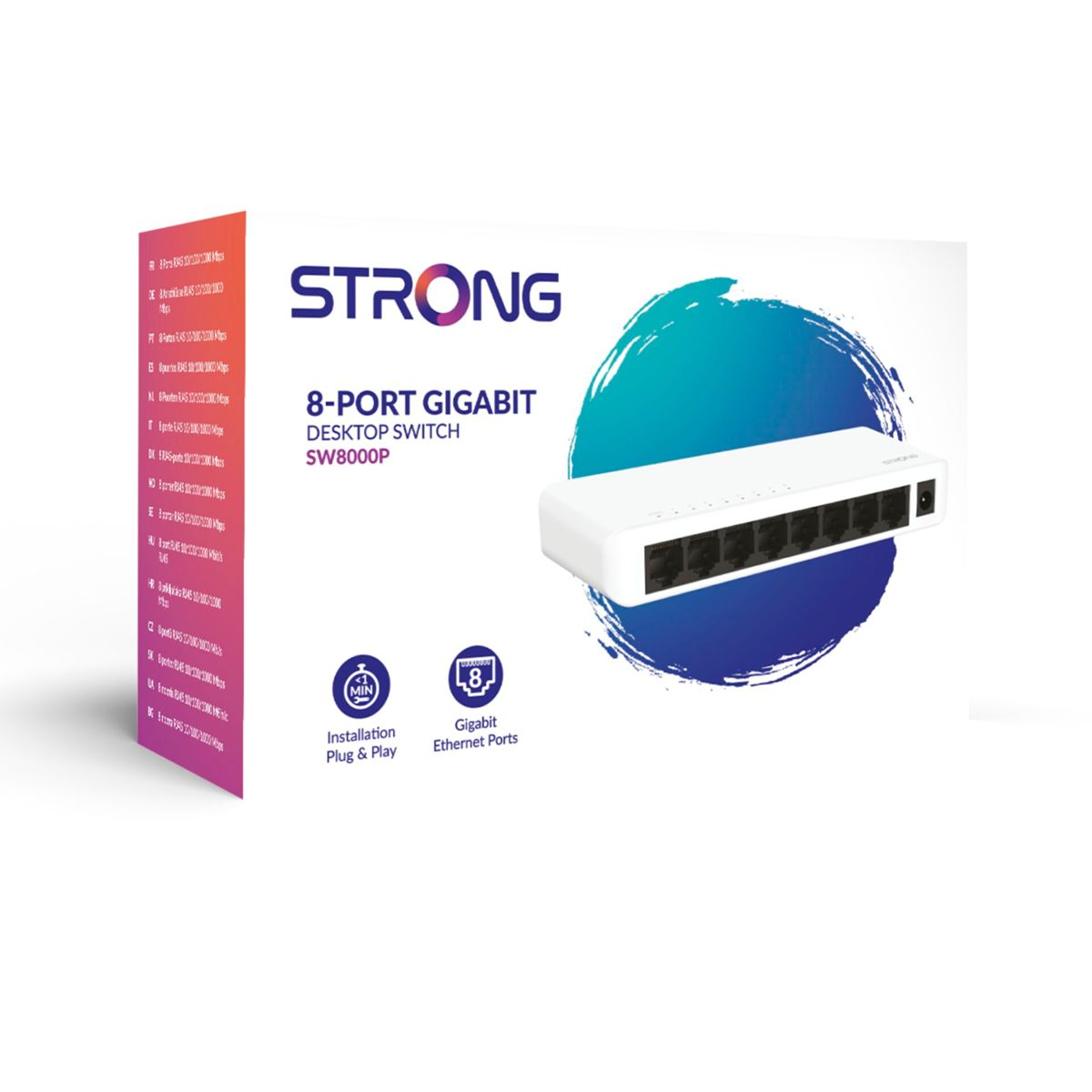 8-portowy gigabitowy przełącznik biurkowy z logo STRONG i niebieskim designem, na białym tle.