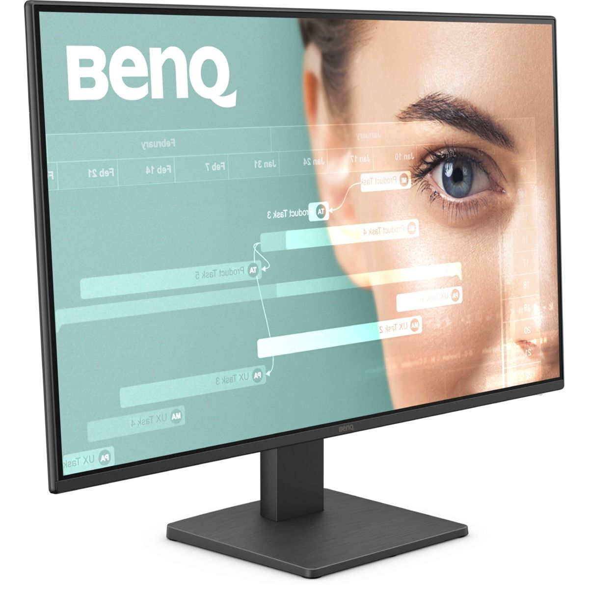 Monitor BenQ wyświetla ekran z okiem w rogu. Ekran pokazuje dane i twarz kobiety.