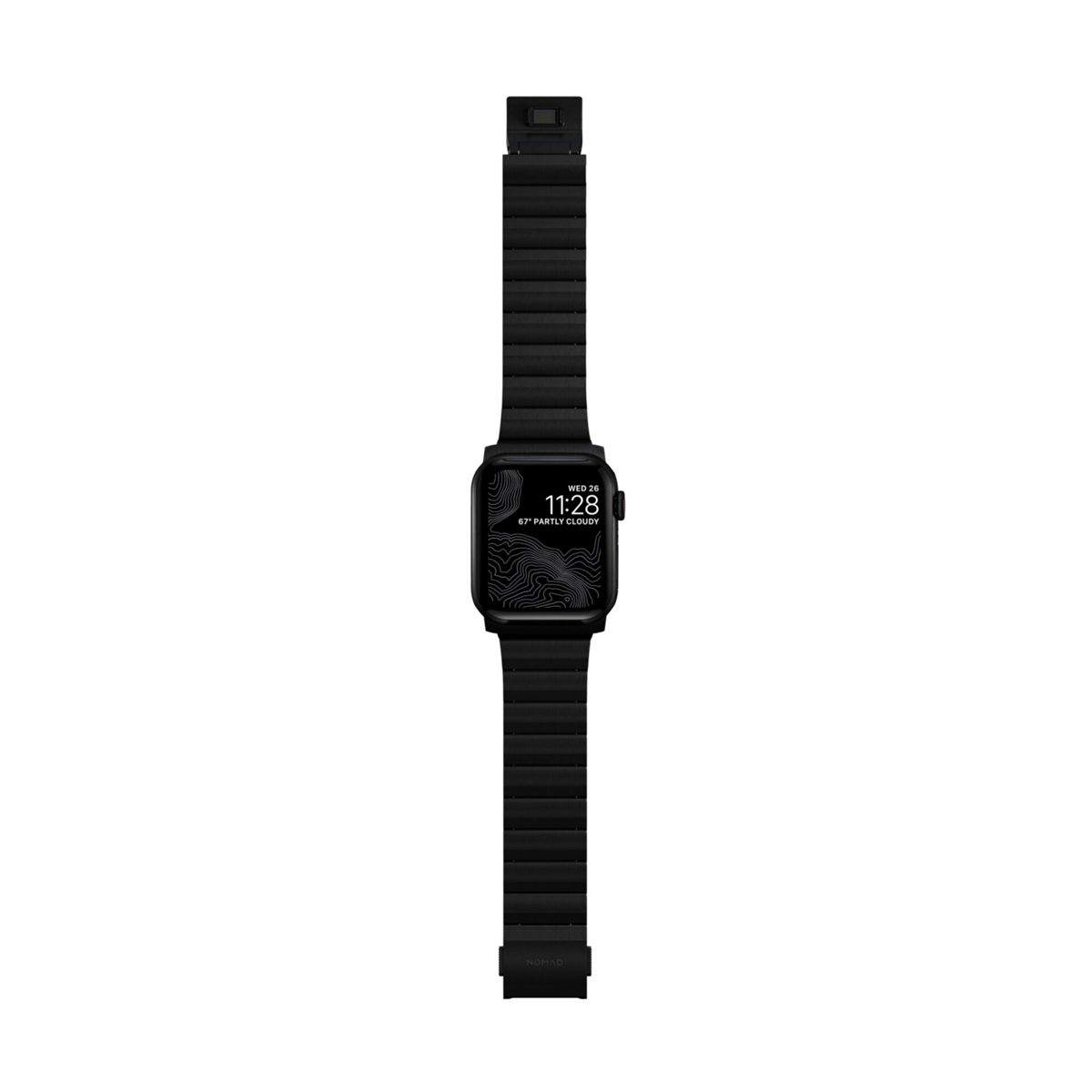 Schwarze Smartwatch auf weißem Hintergrund. Das Armband ist schwarz und hat ein strukturiertes Design. Die Uhrzeit wird angezeigt.
