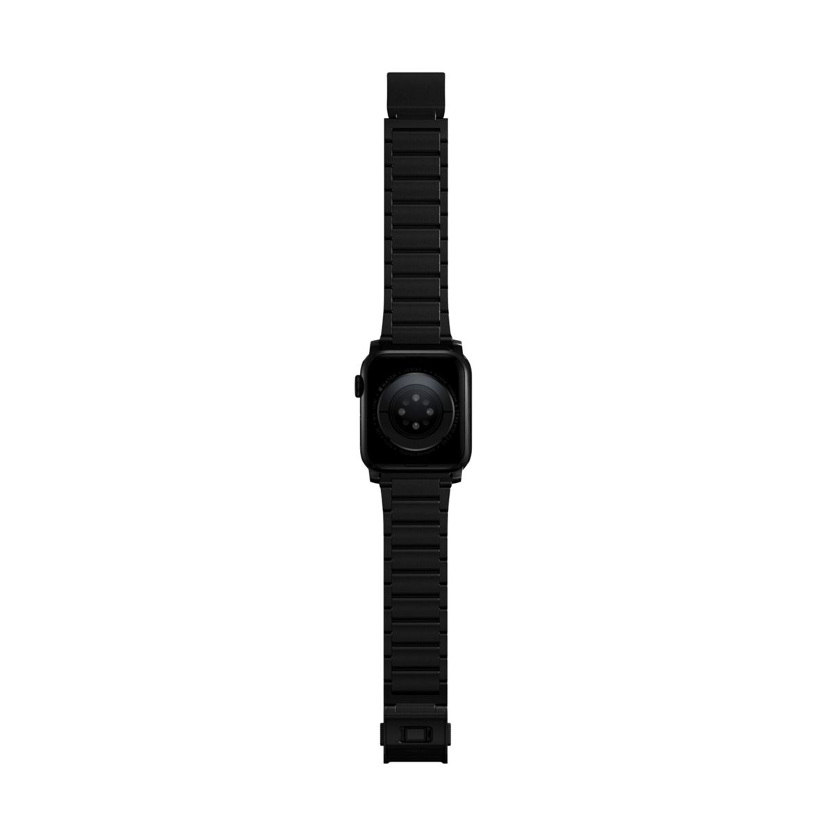 Die Rückseite einer schwarzen Smartwatch mit einem schwarzen Armband. Das Armband besteht aus verbundenen rechteckigen Gliedern.
