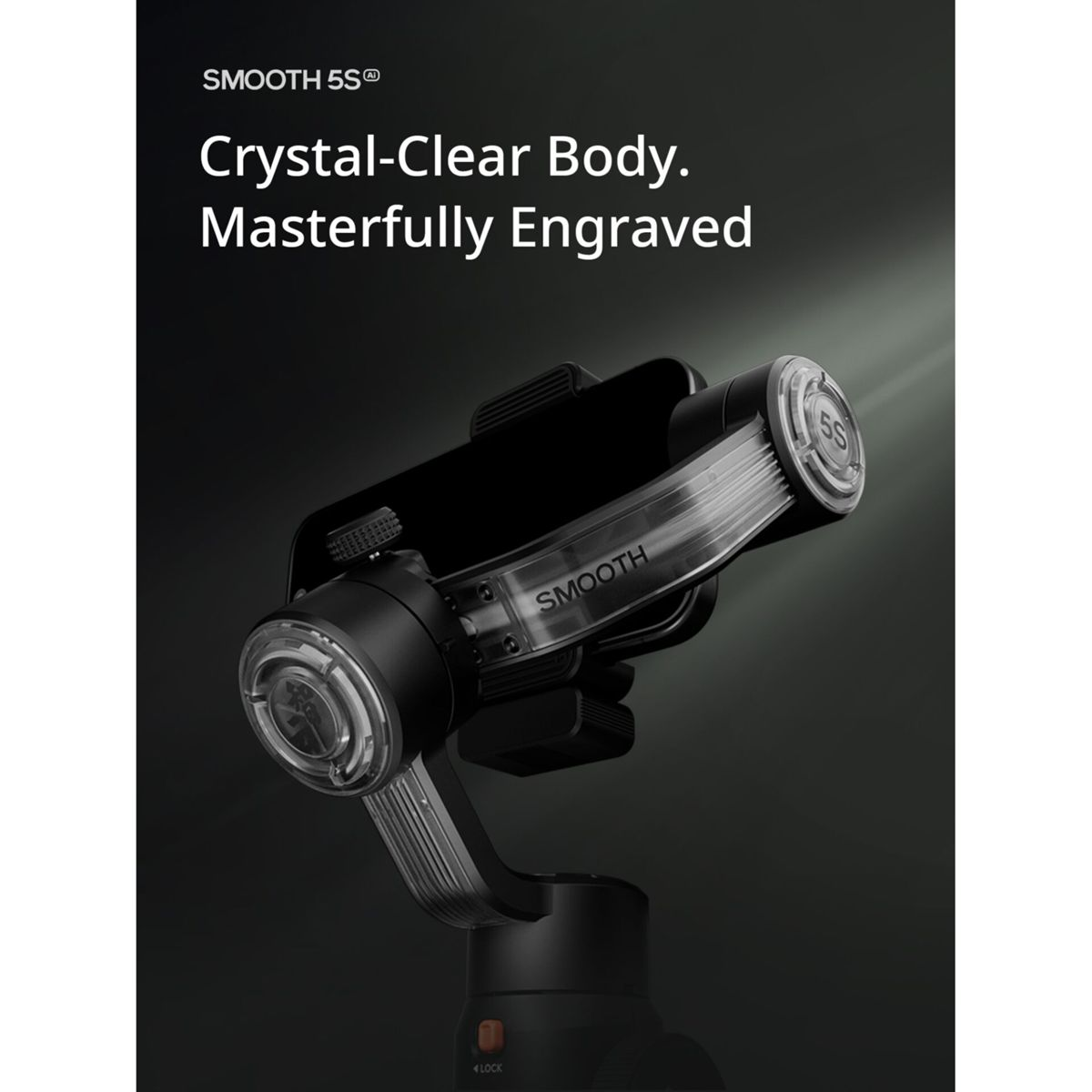 Schwarzer Gimbal-Stabilisator mit Telefonklemme. Text lautet 'SMOOTH 5S' und 'Crystal-Clear Body'.