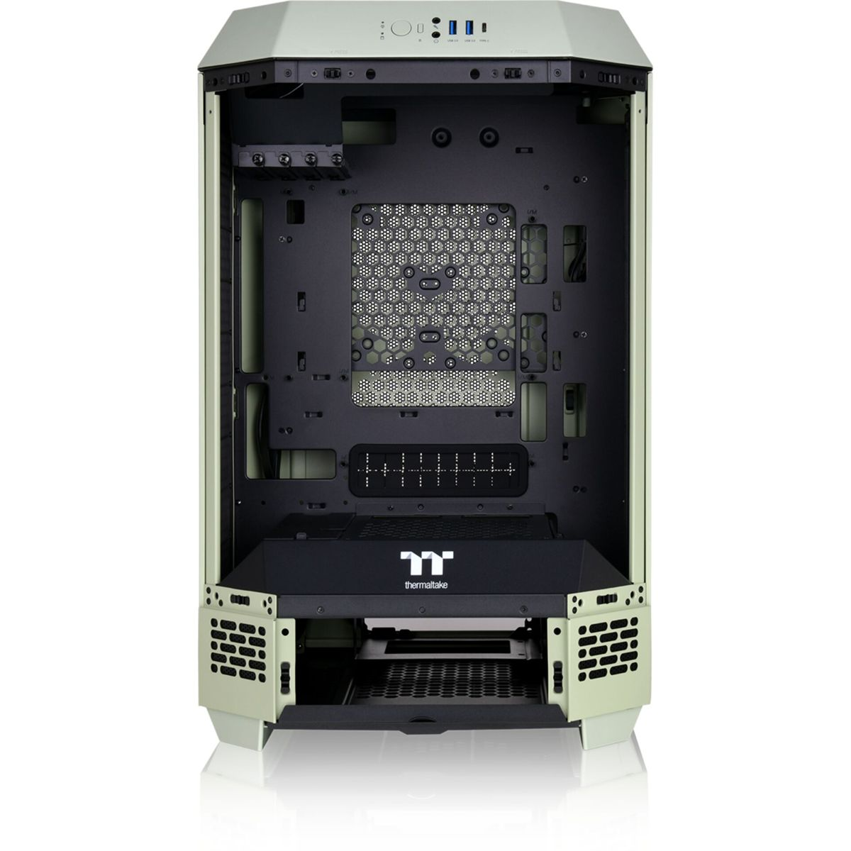 Case per computer aperto che mostra i componenti interni. La custodia è verde chiaro con interno nero.