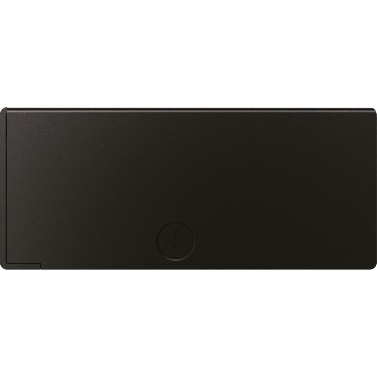 Czarny prostokąt z okrągłym wzorem na dole.