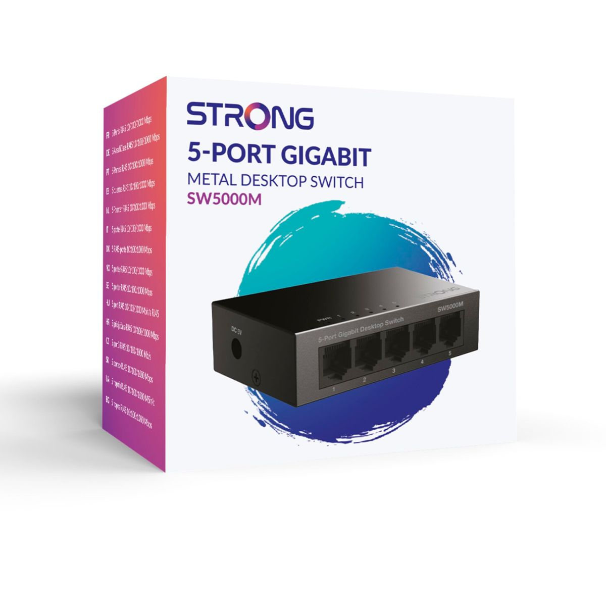 Pudełko z napisem STRONG 5-PORT GIGABIT i czarnym przełącznikiem z portami, na białym tle.