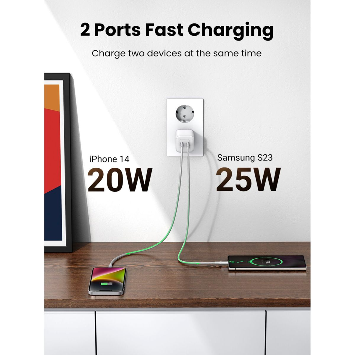 Cargador de pared con dos puertos, cargando dos teléfonos. Texto: 2 Ports Fast Charging. Teléfono y cargador.