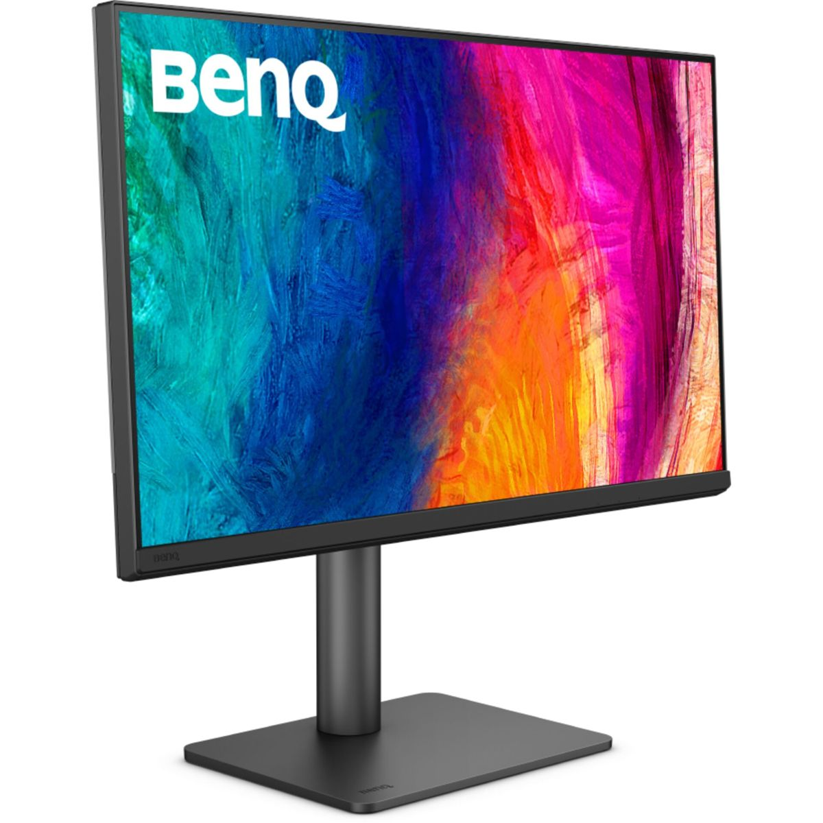 BenQ-monitor met een kleurrijke abstracte achtergrond. De monitor is zwart, op een vierkante standaard.