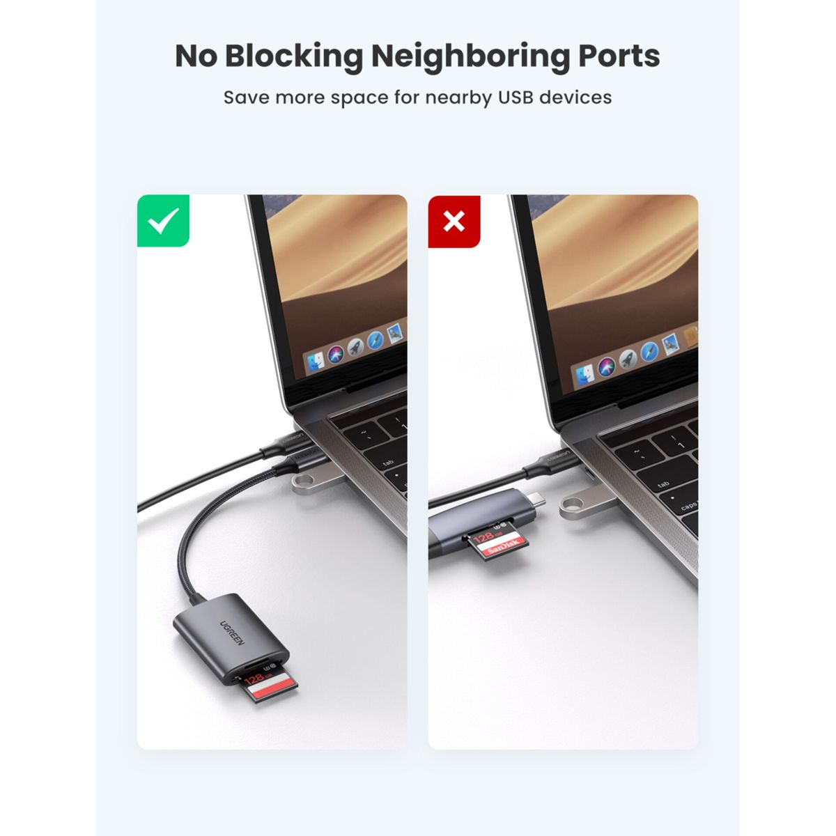 Zwei Laptops mit angeschlossenen Hubs. Einer zeigt ein gutes Setup, der andere ein schlechtes.