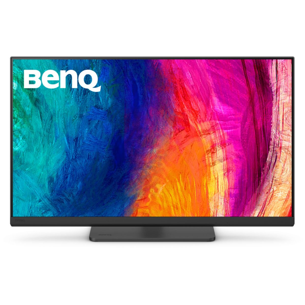 BenQ-monitor met een kleurrijke abstracte achtergrond, de monitor is zwart en heeft een zwarte voet.