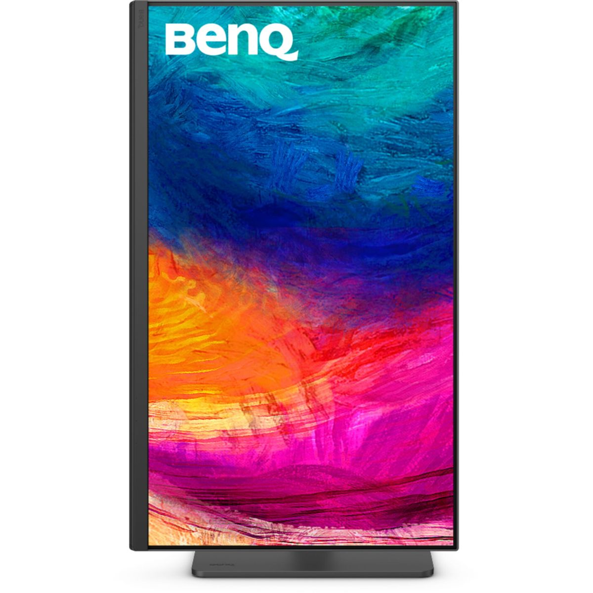 BenQ-monitor met een kleurrijke abstracte achtergrond. De monitor is hoog en dun, op een donkere basis.