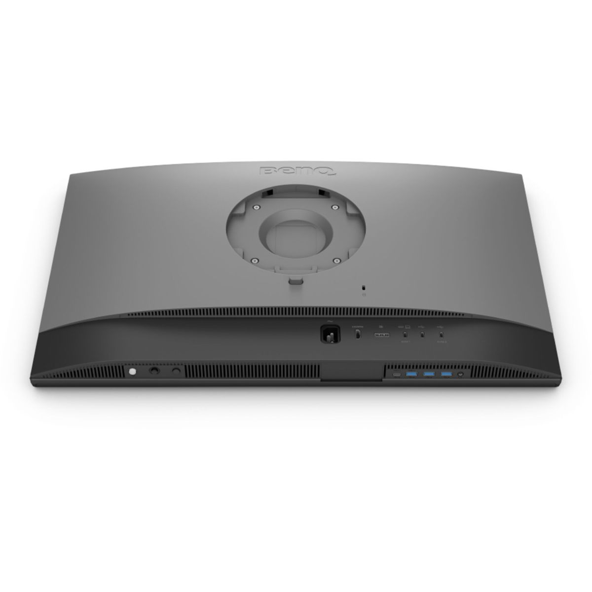 De onderkant van een computermonitor, met poorten en een bevestigingsgebied voor de standaard.