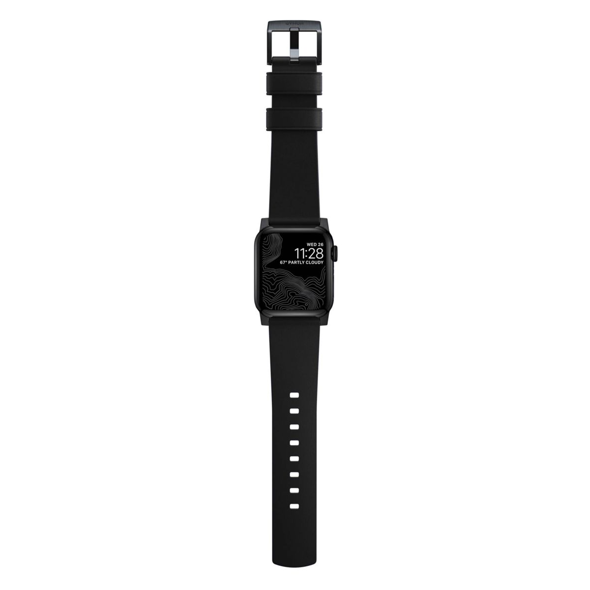 Schwarze Apple Watch mit schwarzem Armband. Das Zifferblatt zeigt Datum und Uhrzeit.