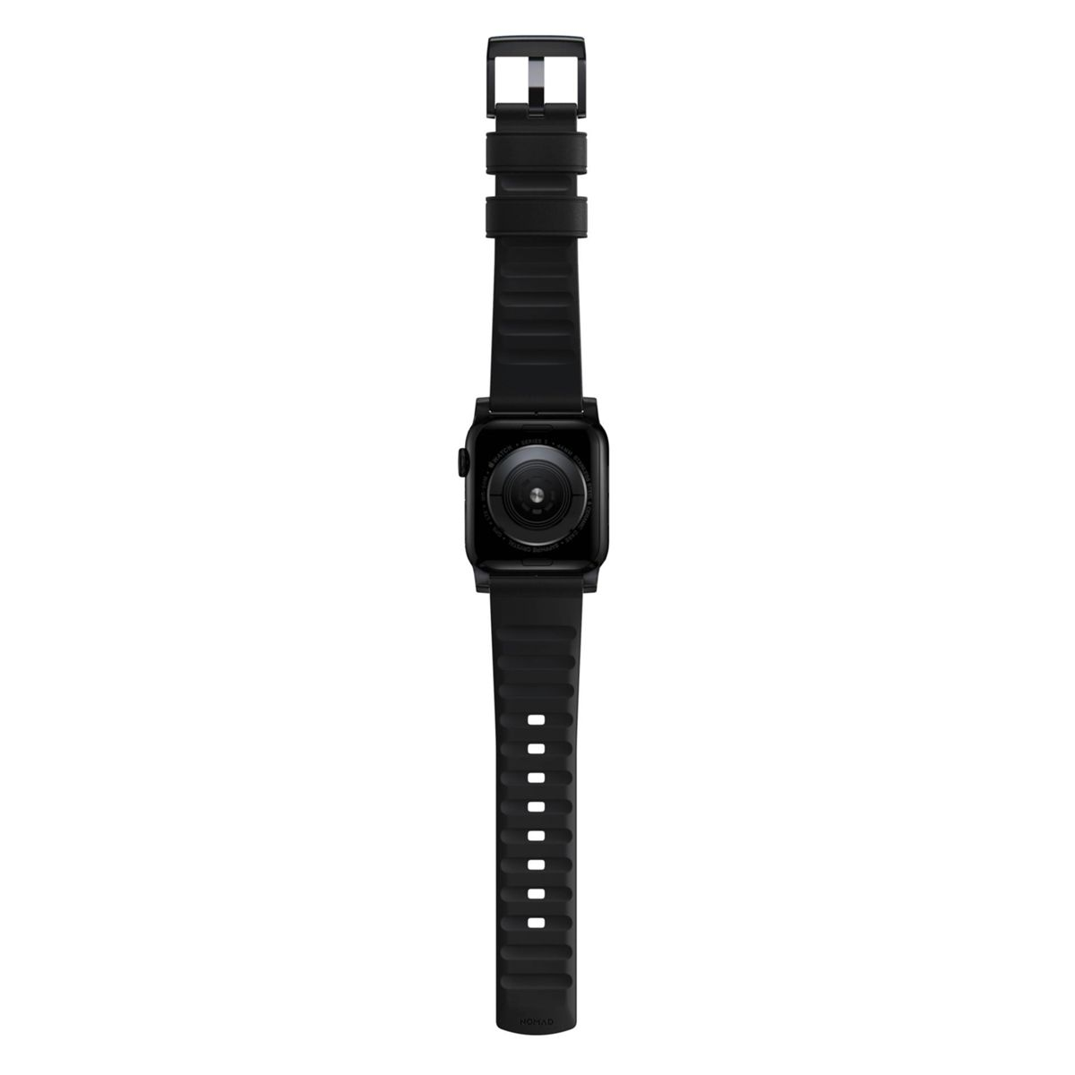 Schwarze Apple Watch mit schwarzem Armband. Die Rückseite der Uhr ist sichtbar. Schwarzer Hintergrund.