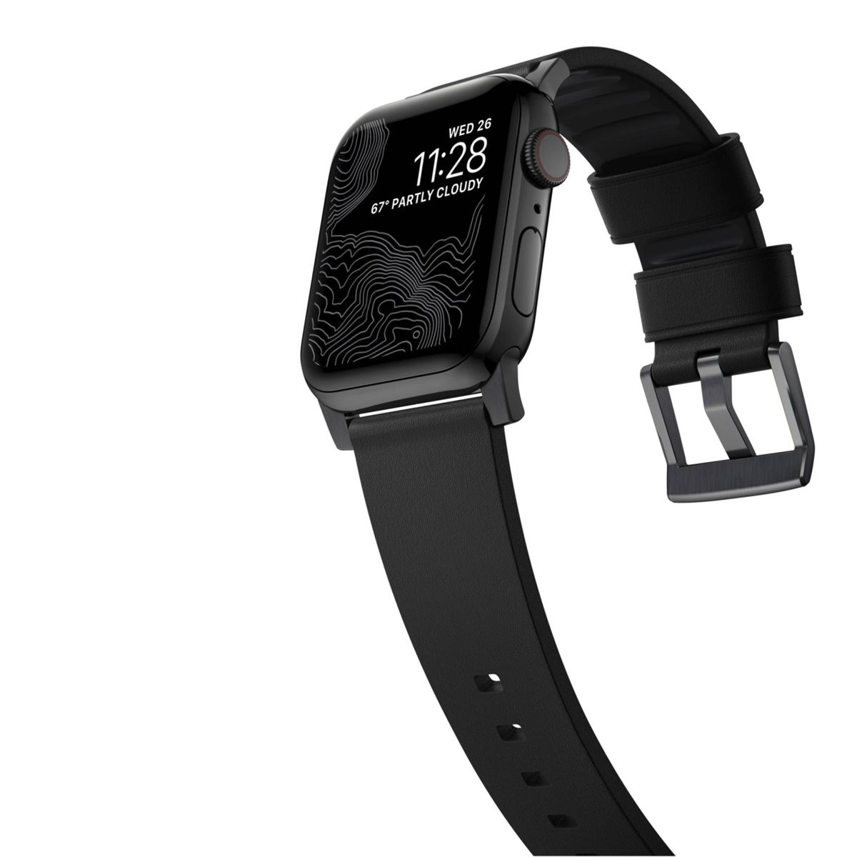 Schwarze Apple Watch mit schwarzem Lederarmband. Die Uhr zeigt Zeit und Wetter an.