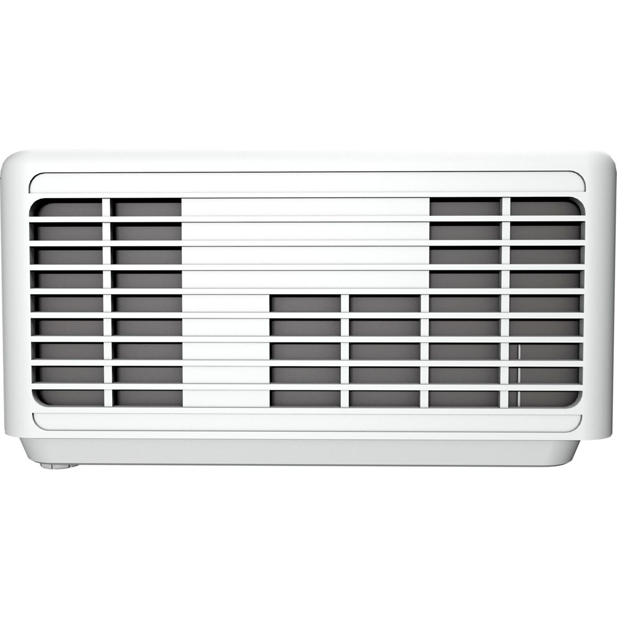Biały, prostokątny otwór wentylacyjny z poziomymi listwami. Listwy są ciemnoszare, a obudowa biała.