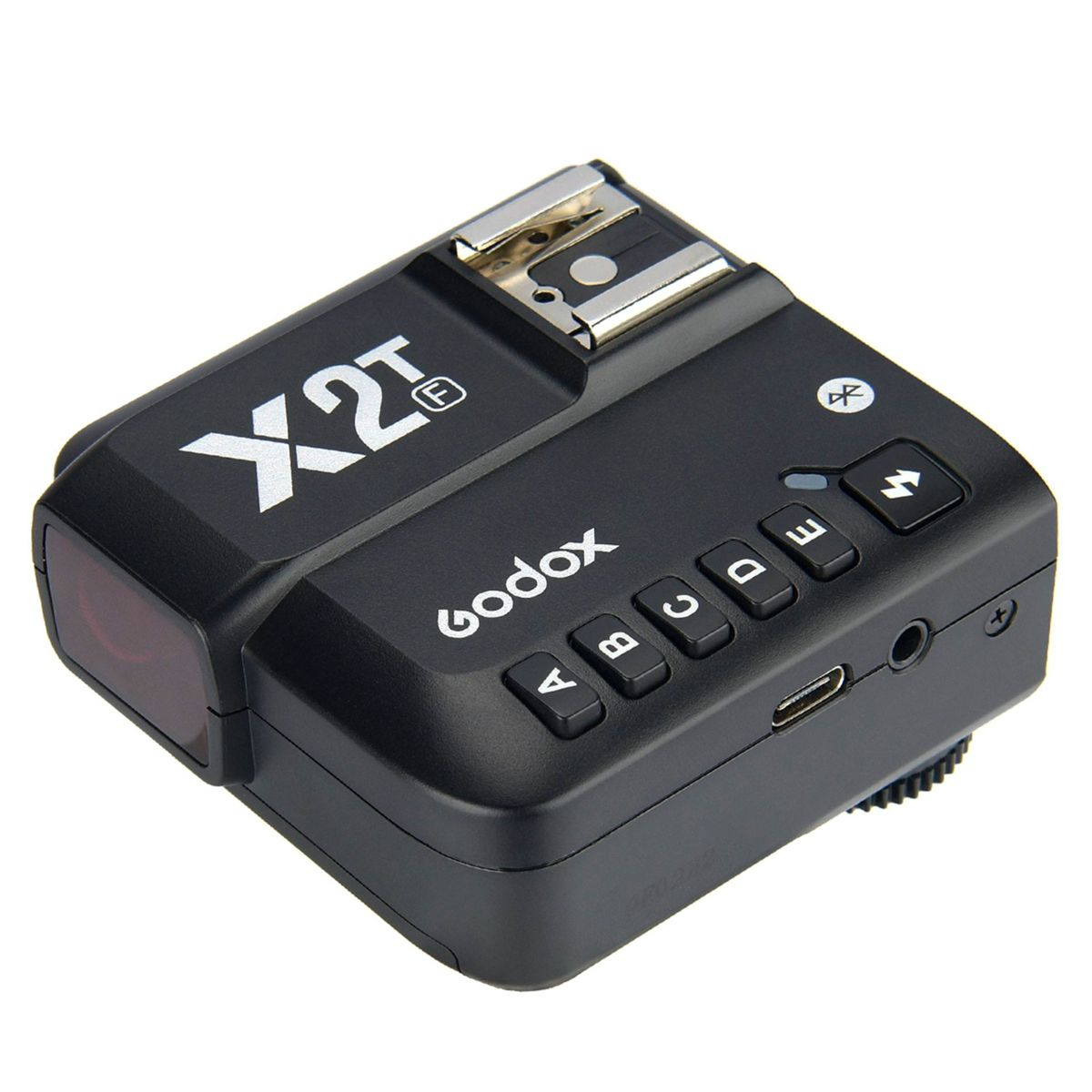 Un flash negro con botones y puertos. Tiene botones etiquetados A, B, C, D, E. Símbolo Bluetooth presente.
