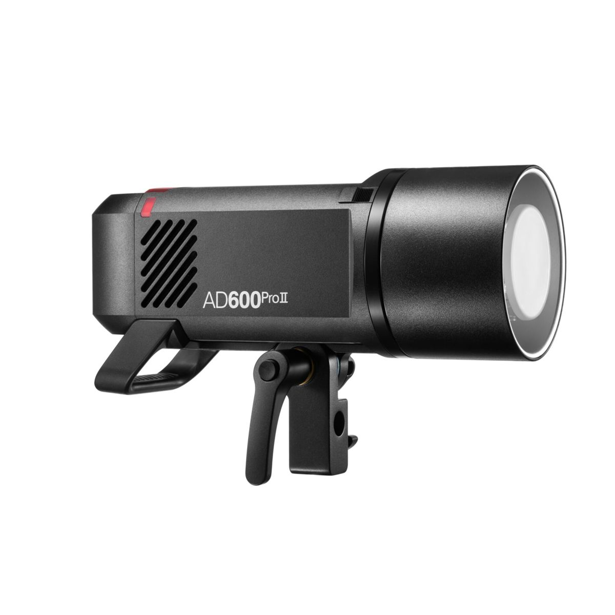 A black AD600ProII strobe light, with a handle and a mounting bracket.