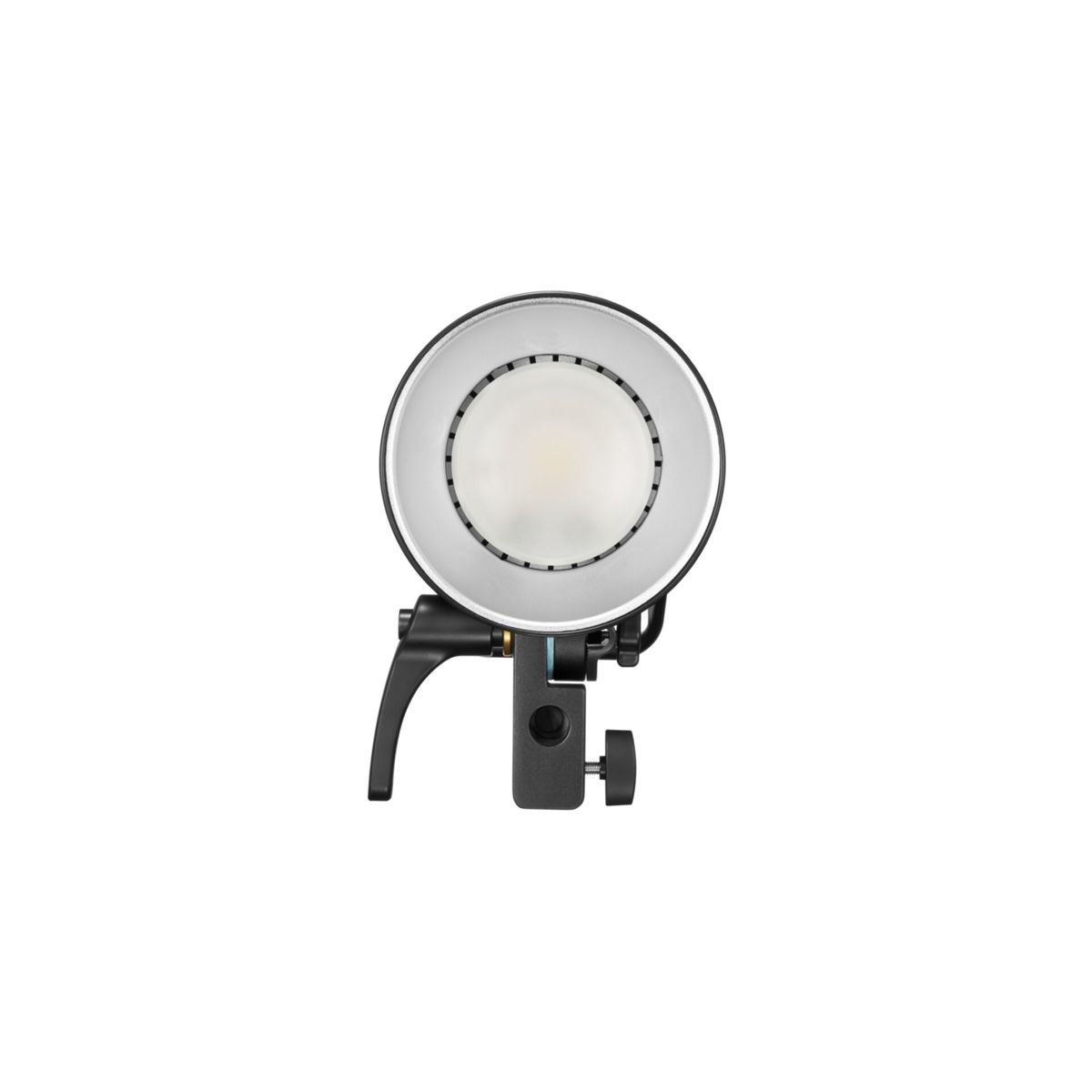 A studio light with a circular reflector and a black handle. It is on a white background.