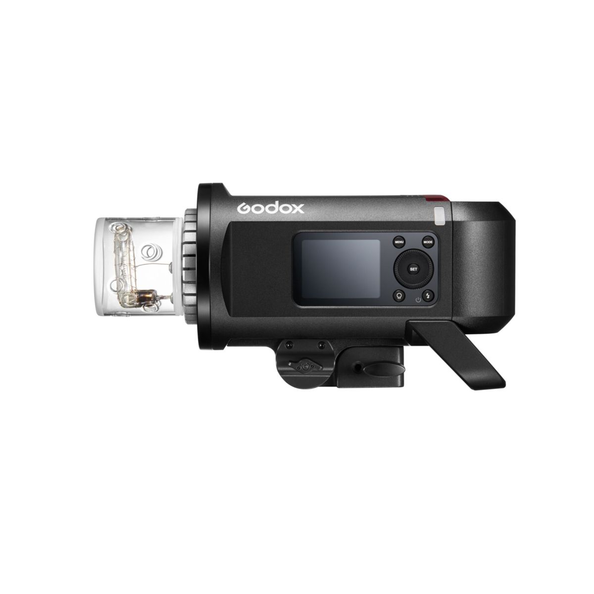 Black Godox flash with a screen and a clear bulb.