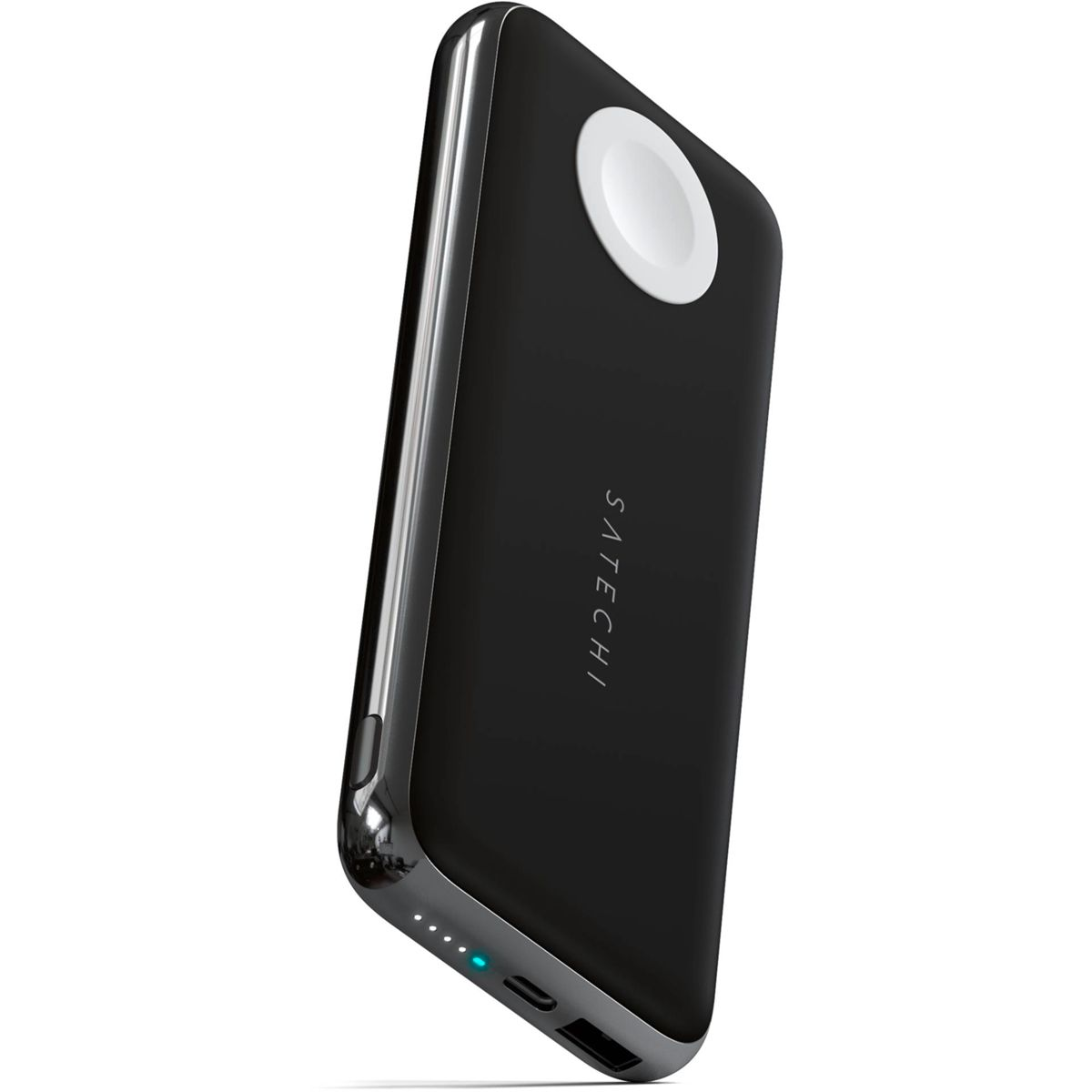 Power bank nero con punto di ricarica bianco e logo Satechi.