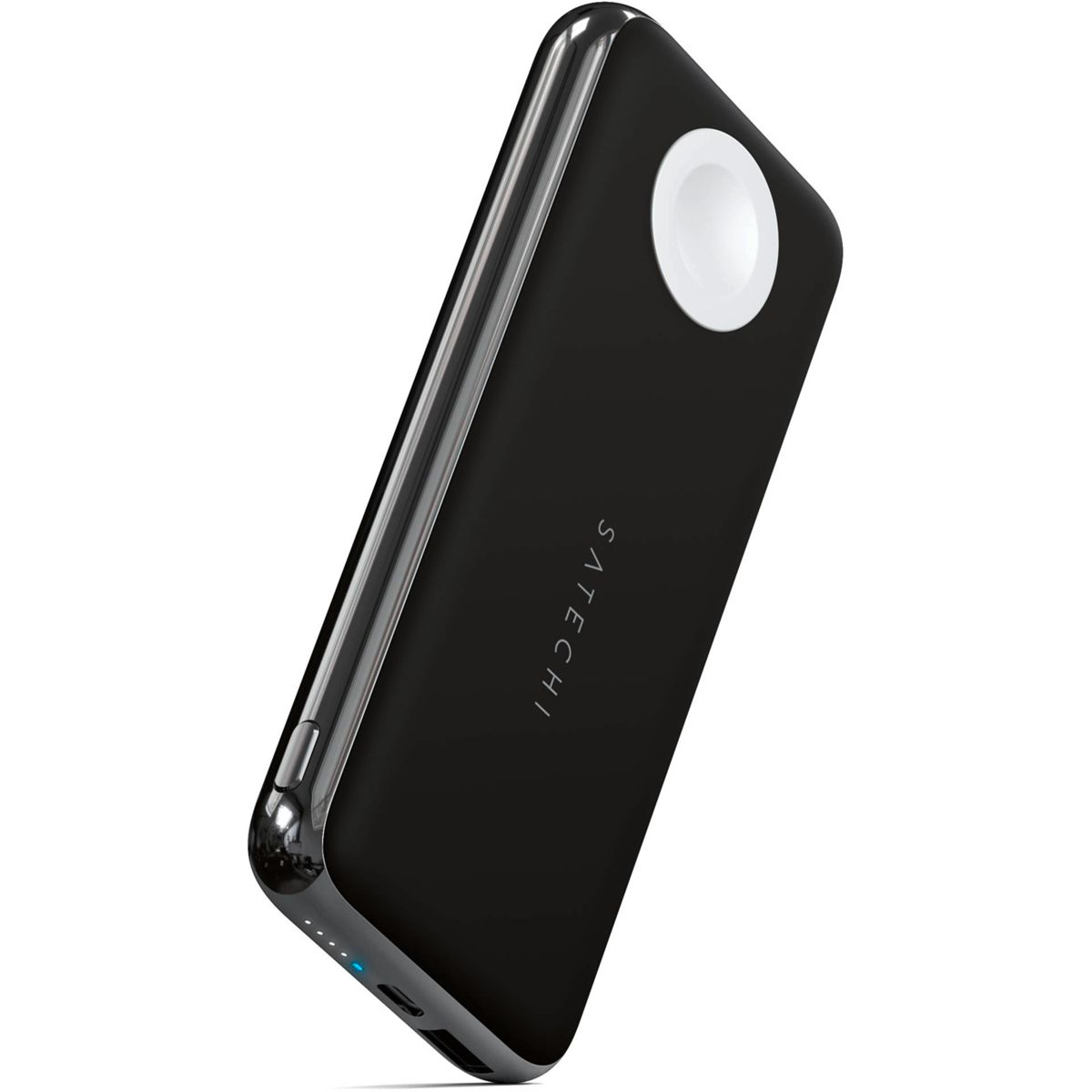Power bank nero con punto di ricarica bianco e logo Satechi.