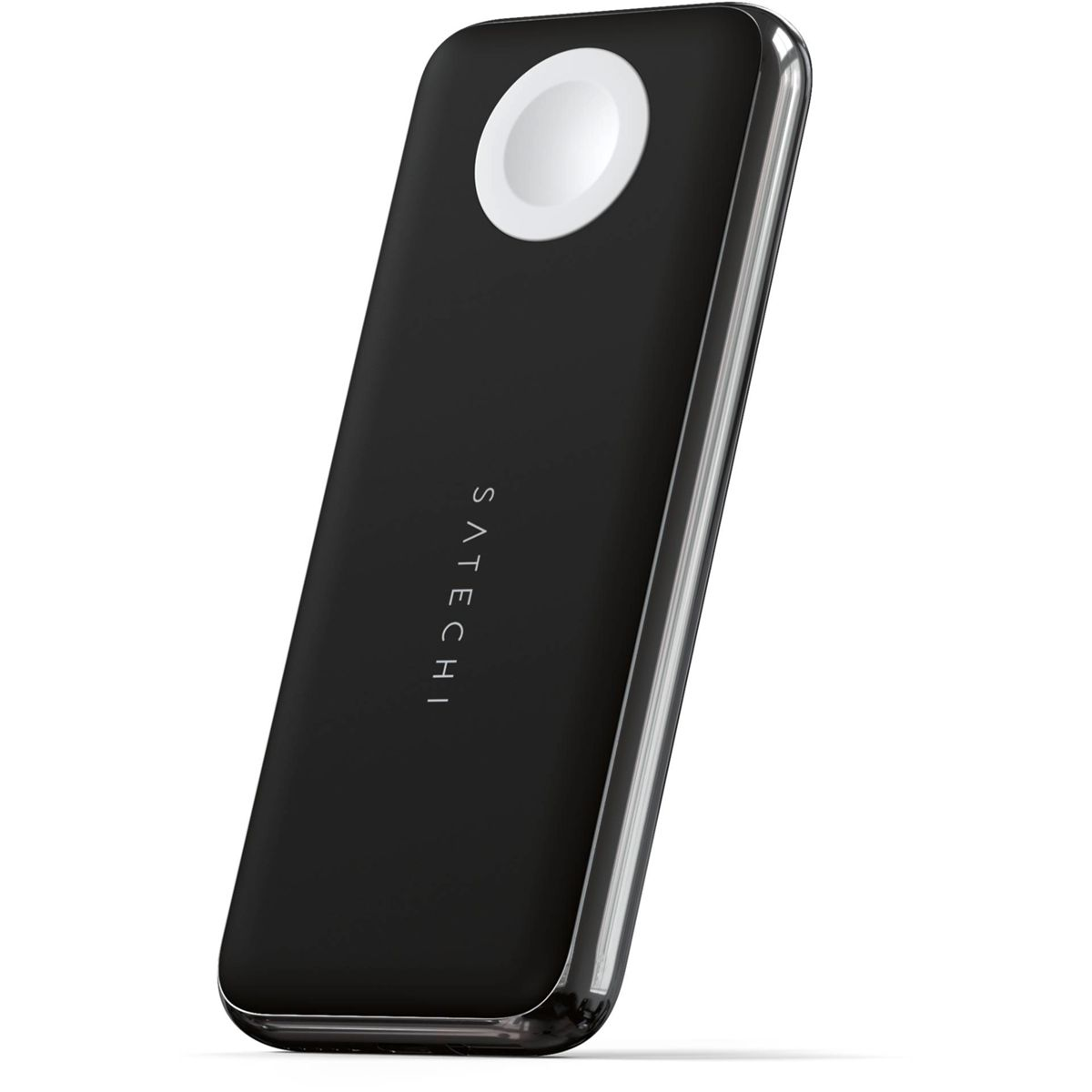 Un power bank Satechi nero con un caricatore bianco per un Apple Watch, su sfondo bianco.