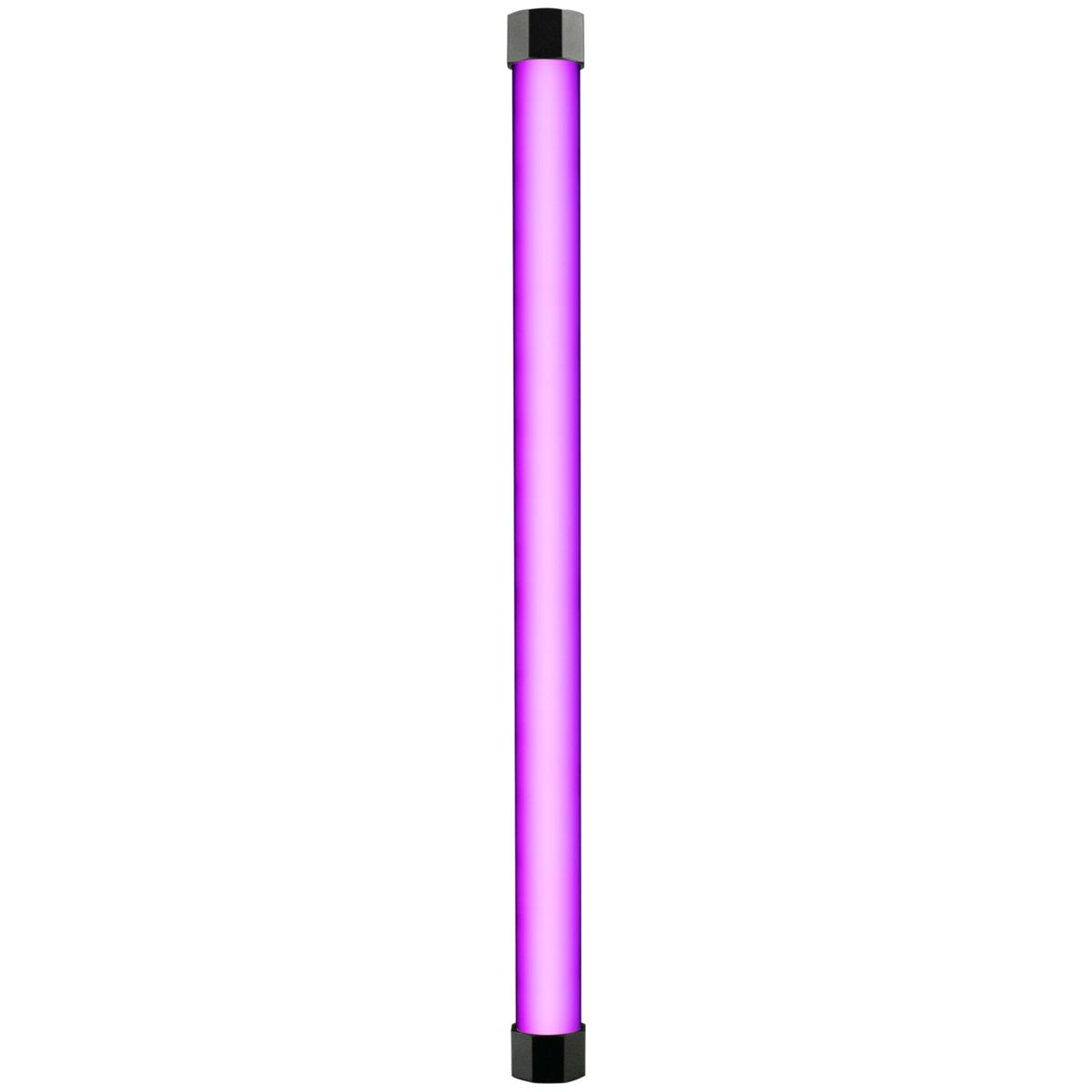 Ein vertikaler Lichtstab strahlt ein lebhaftes violettes Licht aus, das mit schwarzen Enden versehen ist.