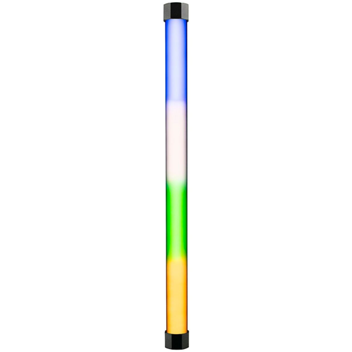 Ein vertikaler Lichtstab strahlt in Segmenten blaues, weißes, grünes und oranges Licht aus.