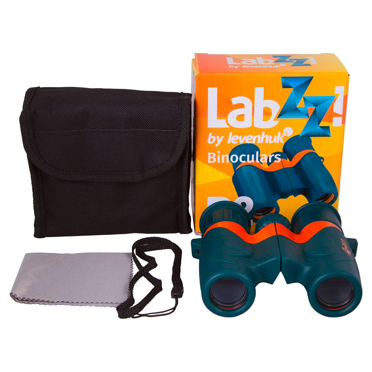 Ein grünes und oranges LabZZ-Fernglas mit Etui und Reinigungstuch.