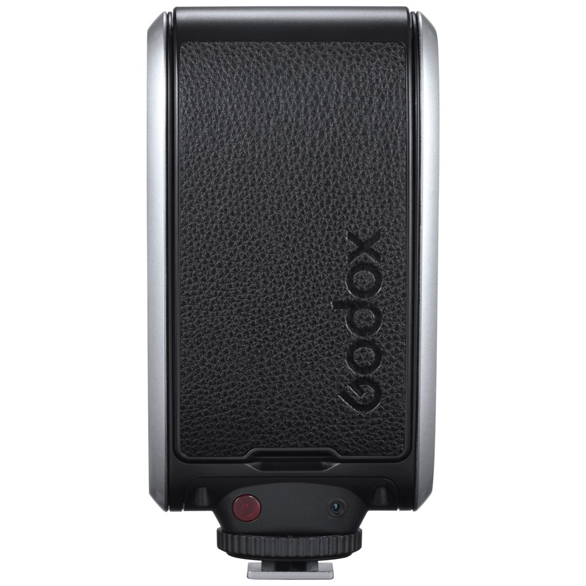 Un flash Godox avec une façade noire texturée et un cadre argenté, vu de dos.