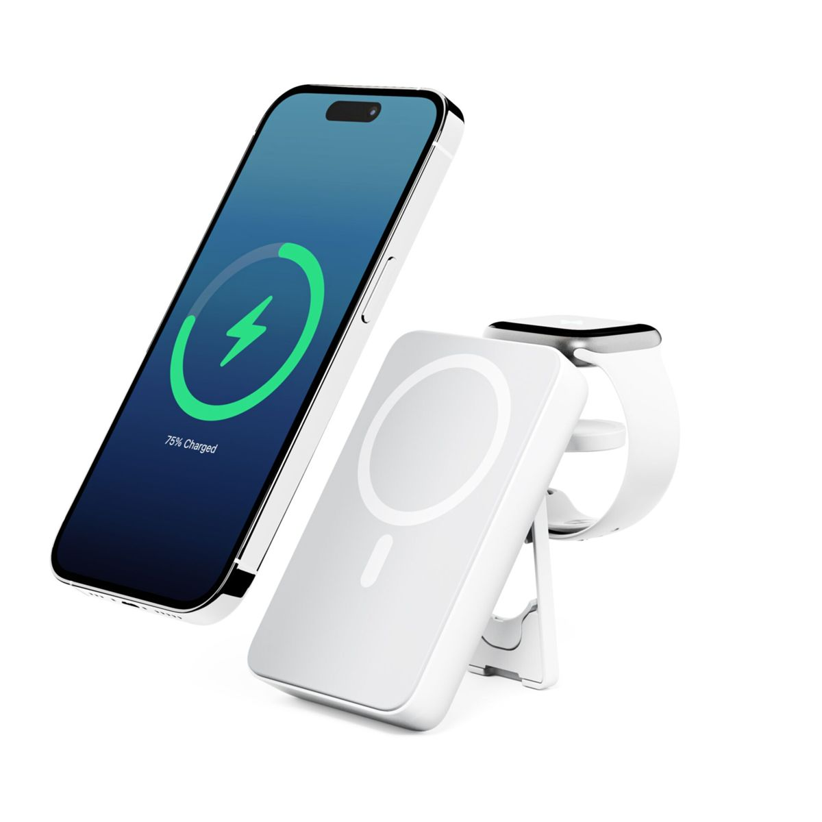 Witte draadloze oplader, een telefoon die oplaadt en een smartwatch. Alles wit.